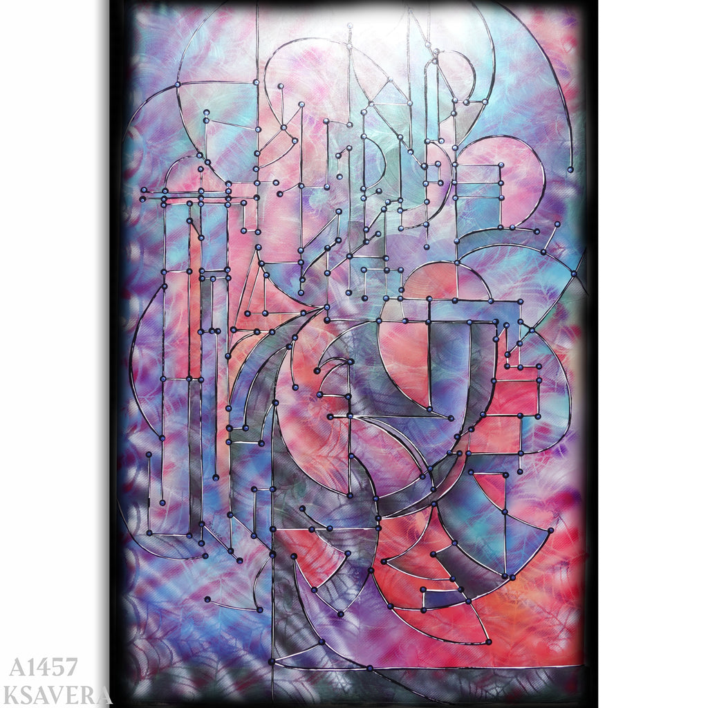 The image is an abstract art piece with a colorful, geometric design featuring various shapes, lines, and patterns in shades of pink, blue, and purple.
