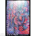 The image is an abstract art piece with a colorful, geometric design featuring various shapes, lines, and patterns in shades of pink, blue, and purple.