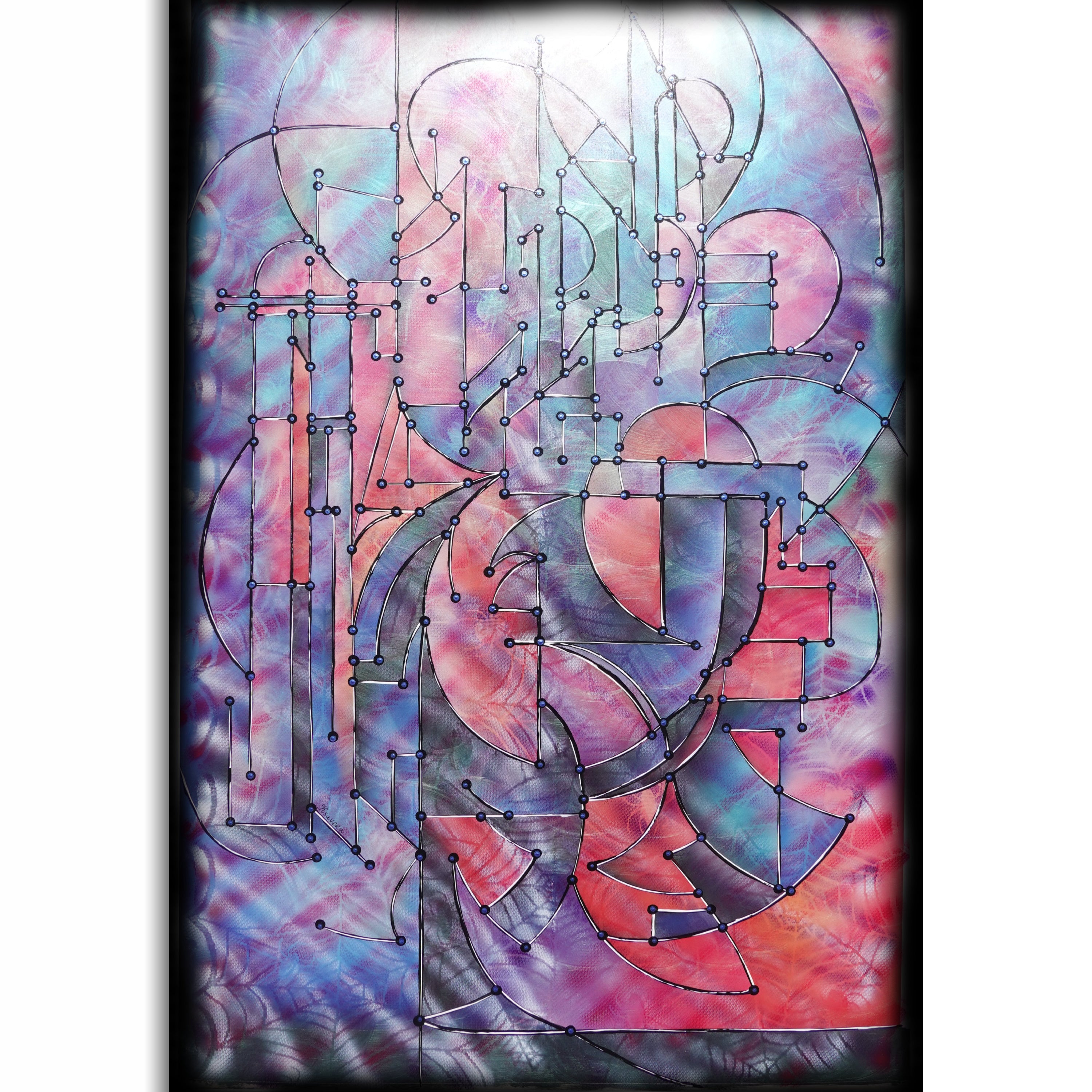 The image is an abstract art piece with a colorful, geometric design featuring various shapes, lines, and patterns in shades of pink, blue, and purple.