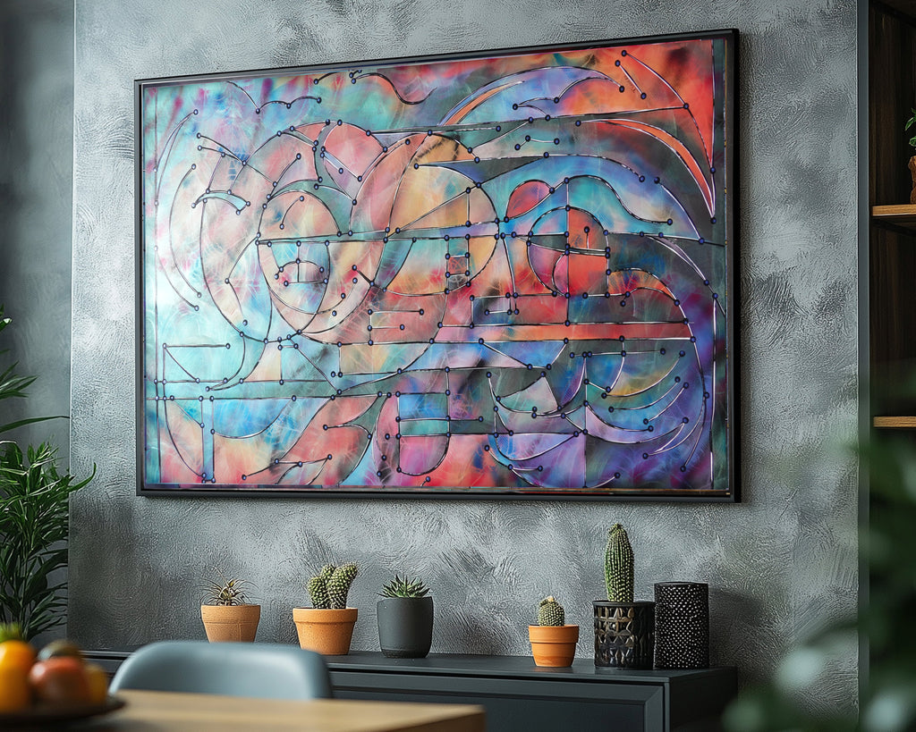 Abstract A1457 ist ein großes schillerndes geometrisches Original-Acrylbild auf unaufgespannter Leinwand von der Künstlerin Ksavera