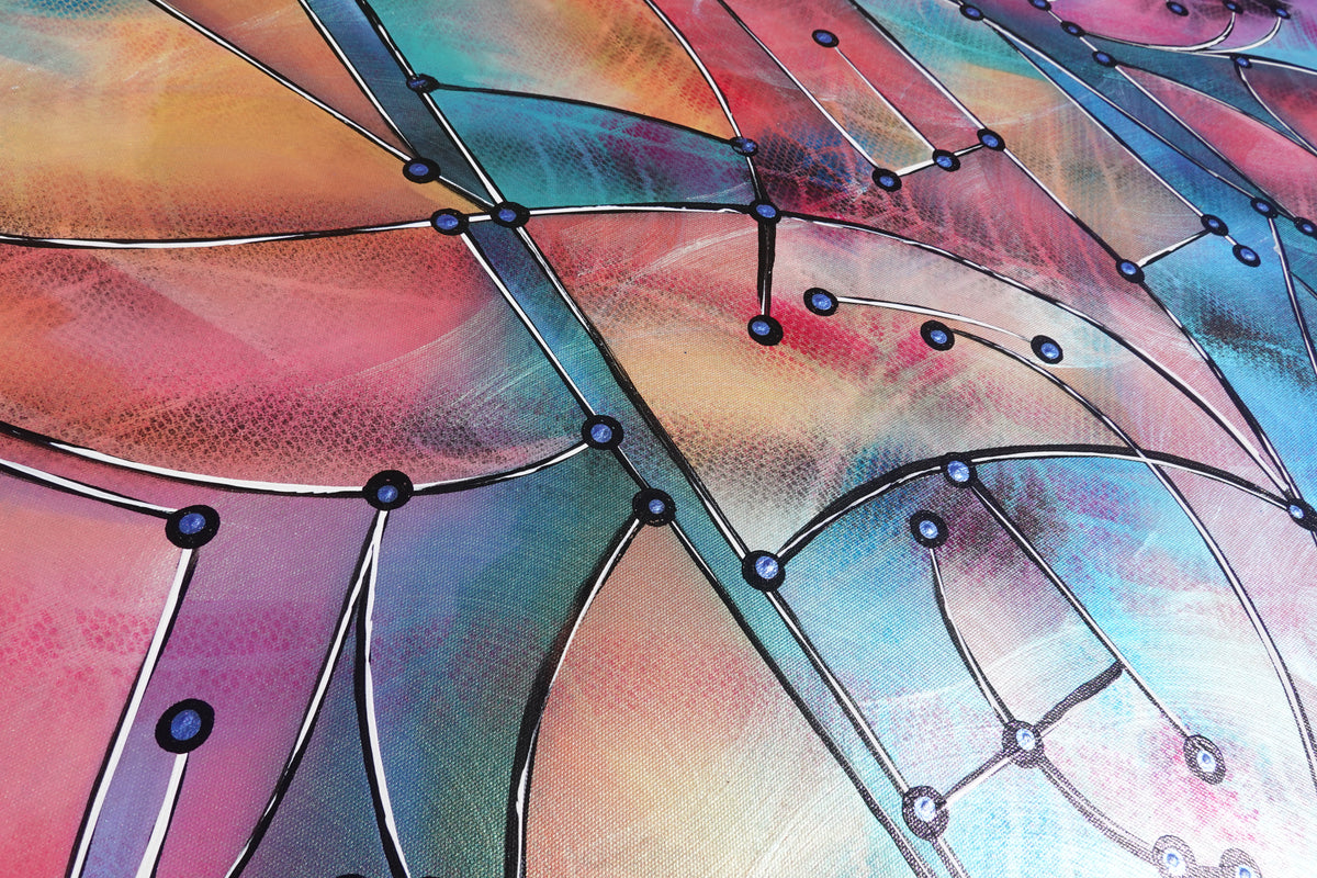 Abstract A1457 ist ein großes schillerndes geometrisches Original-Acrylbild auf unaufgespannter Leinwand von der Künstlerin Ksavera