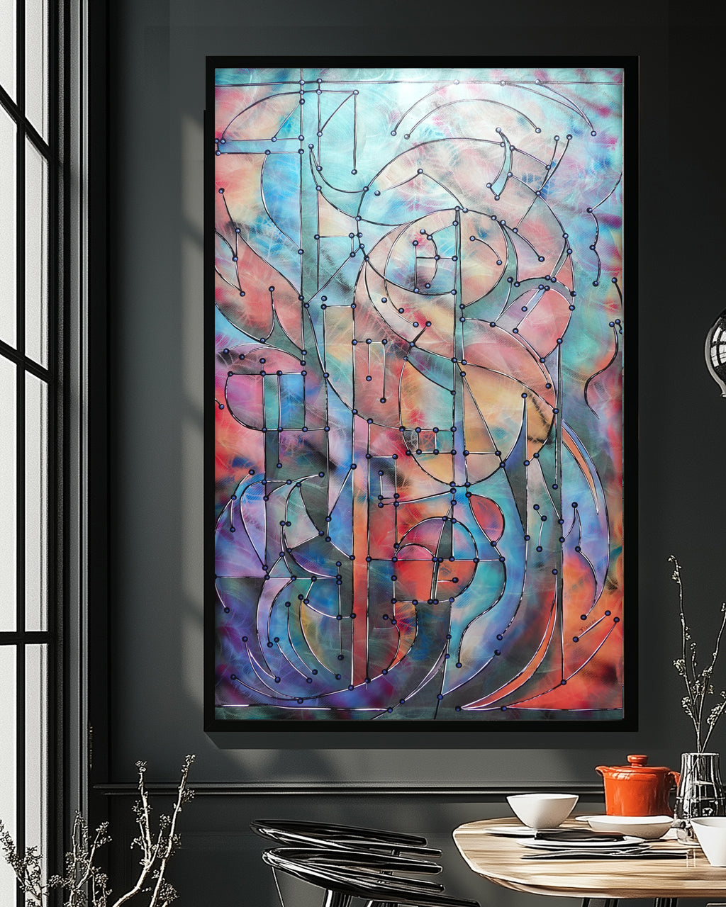 Abstract A1457 ist ein großes schillerndes geometrisches Original-Acrylbild auf unaufgespannter Leinwand von der Künstlerin Ksavera