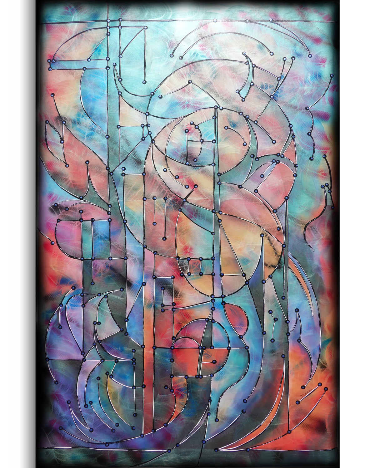 Abstract A1457 ist ein großes schillerndes geometrisches Original-Acrylbild auf unaufgespannter Leinwand von der Künstlerin Ksavera