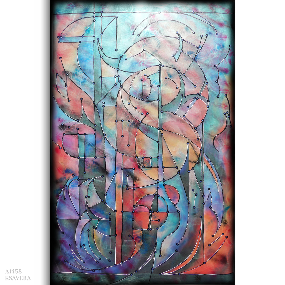 Abstract A1457 ist ein großes schillerndes geometrisches Original-Acrylbild auf unaufgespannter Leinwand von der Künstlerin Ksavera