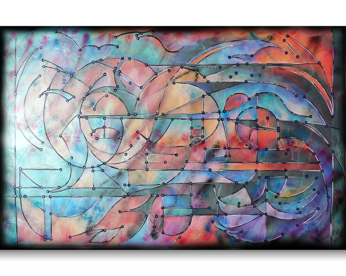 Abstract A1457 ist ein großes schillerndes geometrisches Original-Acrylbild auf unaufgespannter Leinwand von der Künstlerin Ksavera