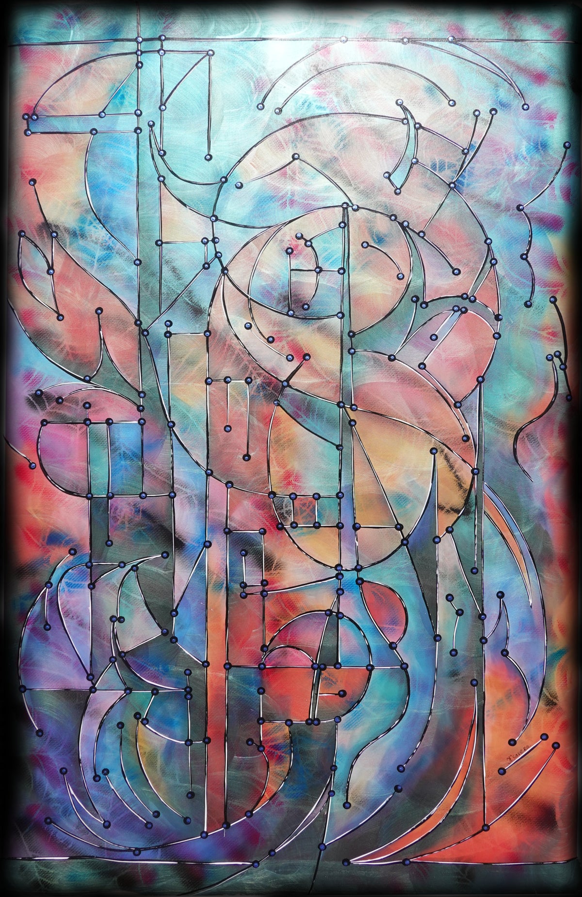 Abstract A1457 ist ein großes schillerndes geometrisches Original-Acrylbild auf unaufgespannter Leinwand von der Künstlerin Ksavera