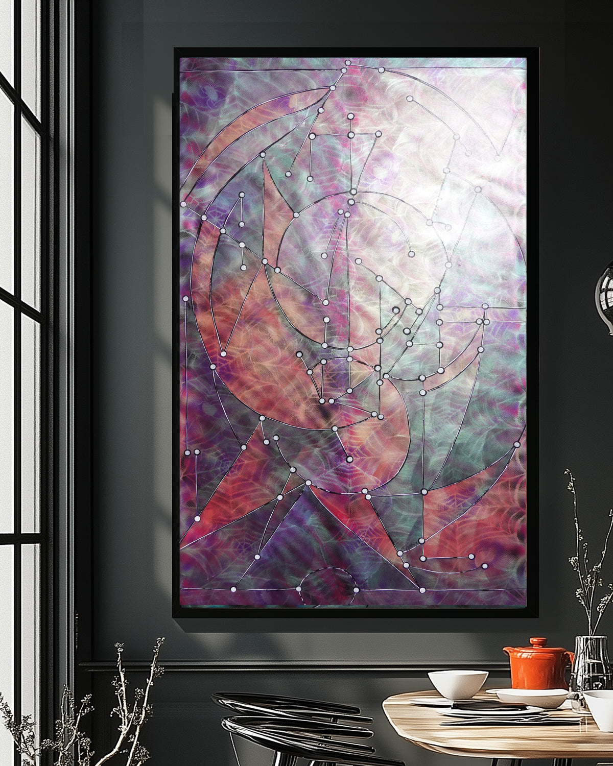 Résumé A1457 est une grande peinture acrylique originale, géométrique et nacrée, sur toile non tendue, réalisée par l'artiste Ksavera.