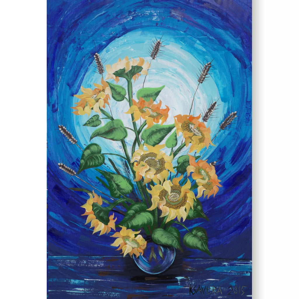 Sunflowers B047 is a large-scale still life blue impasto palette knife Original Acrylic Painting on unstretched canvas by artist Ksavera.