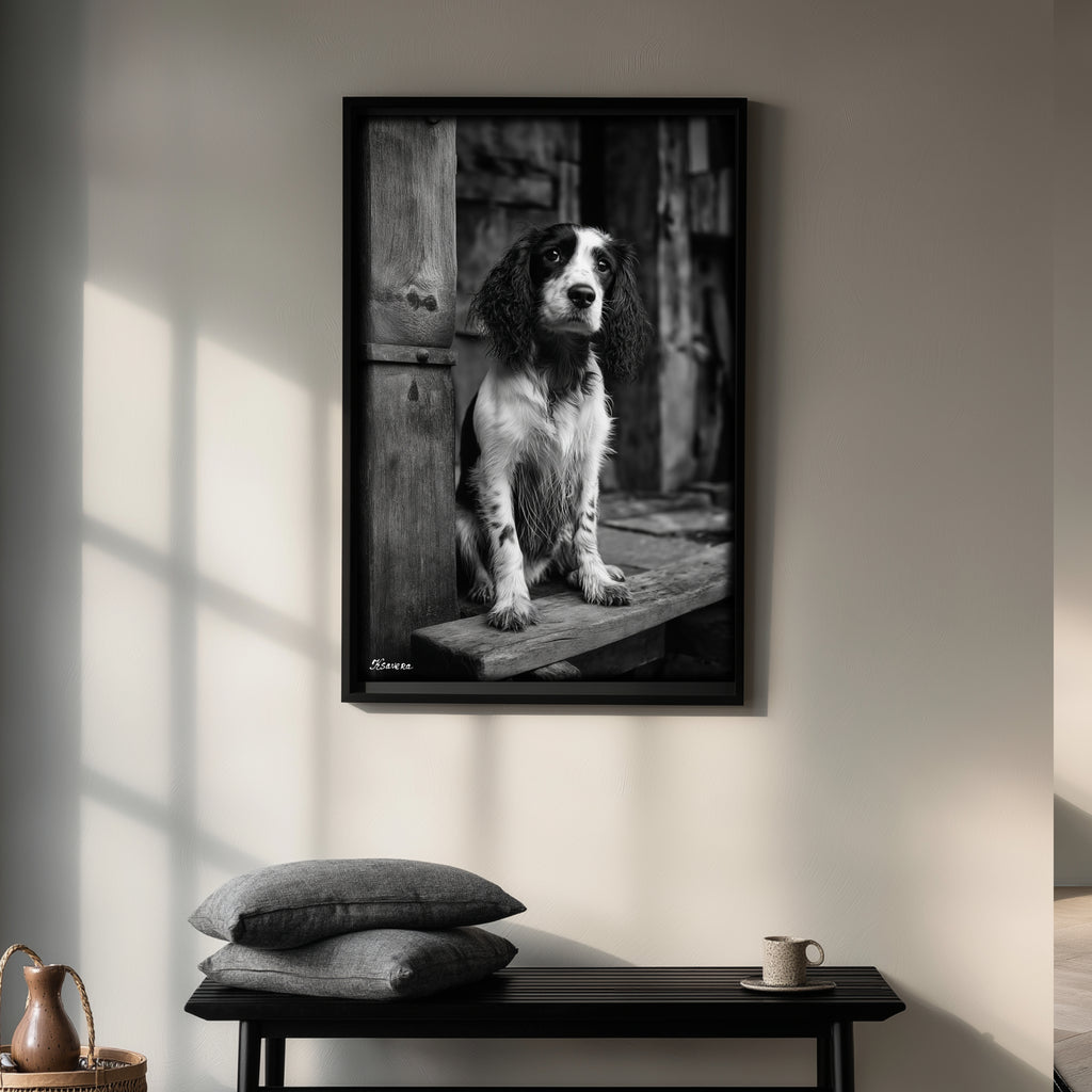 Spaniel dog in the old village - Framed Canvas 36" x 24" B0805H - US