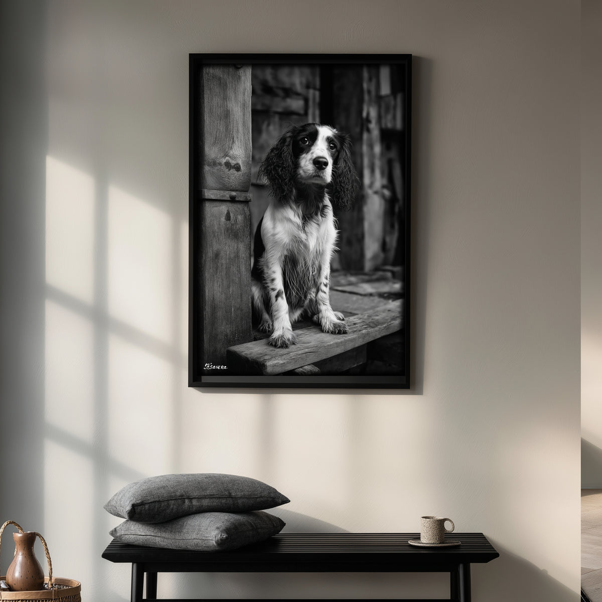 Spaniel dog in the old village - Framed Canvas 36" x 24" B0805H - US