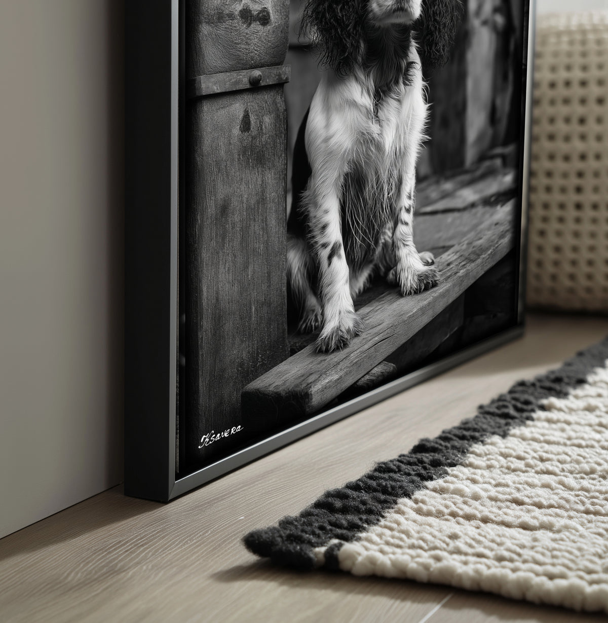 Spaniel dog in the old village - Framed Canvas 36" x 24" B0805H - US