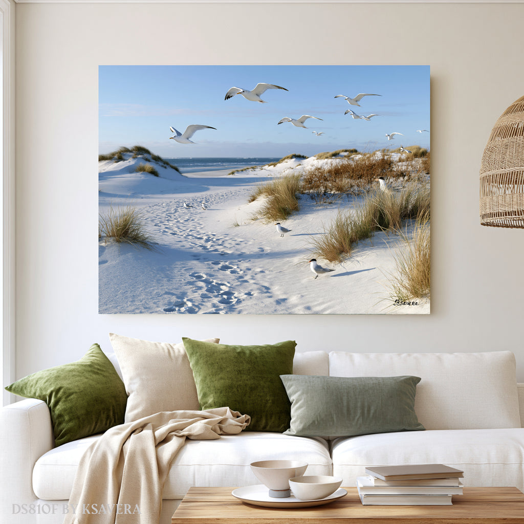 Seagulls Flying - Snowy Dunes Beach - Acrylic glass Print 12"x16" and 40"x30" - DS0810F - US