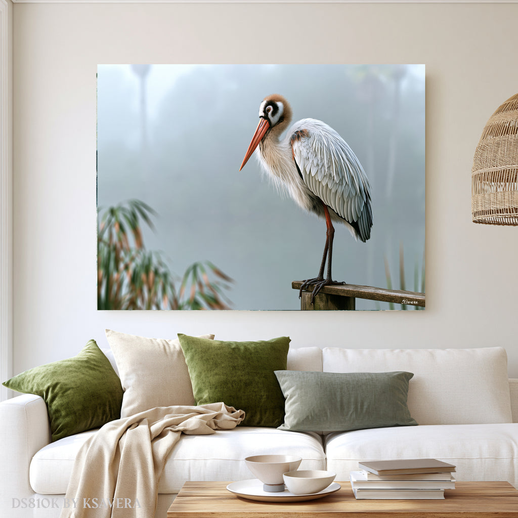 Stork On Log - foggy swamp - Acrylic glass Print 12"x16" and 40"x30" - DS0810K - US