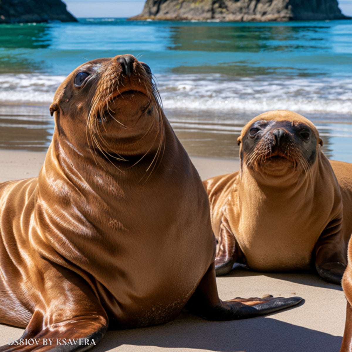 Three Sea Lions family Sunbathing - Acrylic glass Print 12"x16" and 40"x30" - DS0810V - US