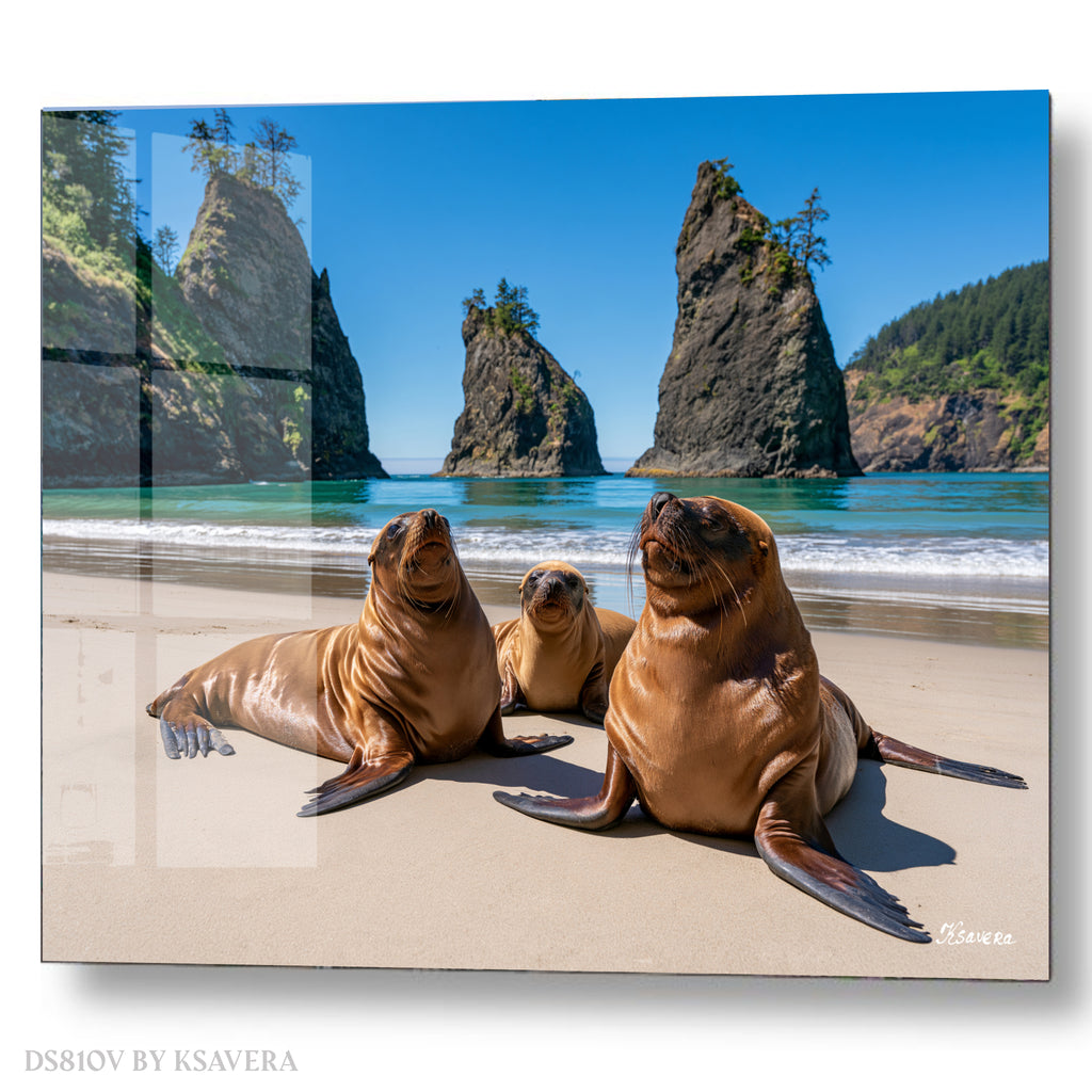 Three Sea Lions family Sunbathing - Acrylic glass Print 12"x16" and 40"x30" - DS0810V - US