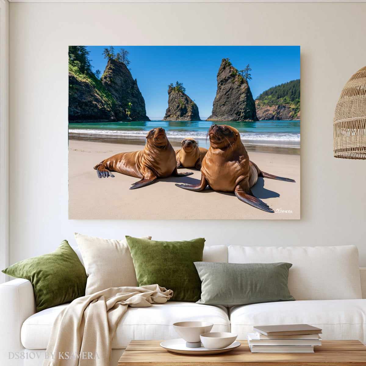 Three Sea Lions family Sunbathing - Acrylic glass Print 12"x16" and 40"x30" - DS0810V - US