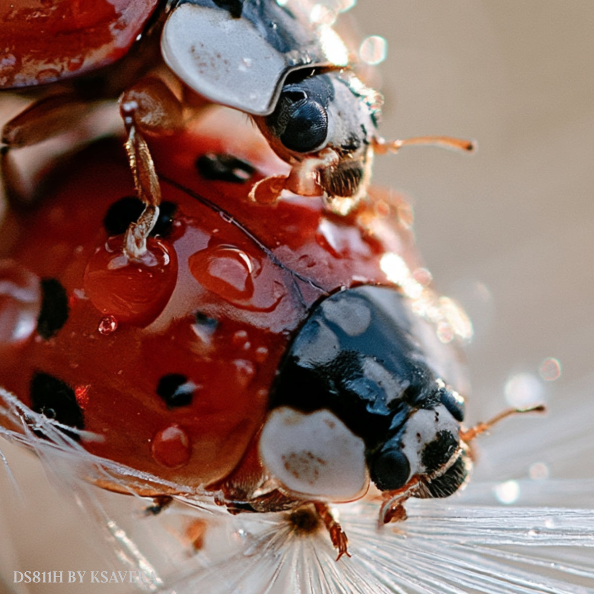 Two Red Ladybugs - Dandelion - Macro Photography - Acrylic glass Print 12"x16" and 40"x30" - DS0811H - US