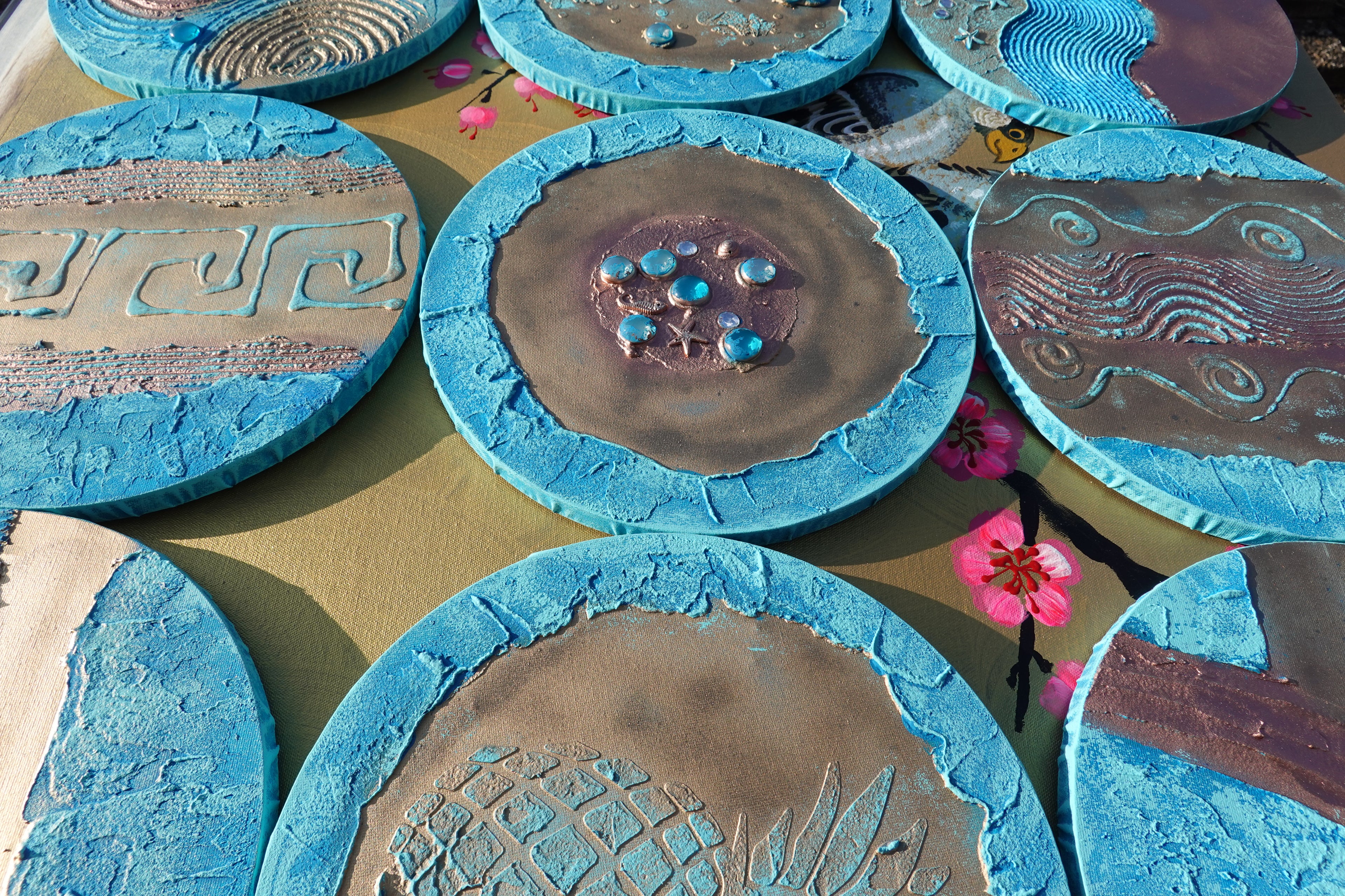 Gold Blue Abstract Painting A290 - Set of 9 Original Textured round Paintings by Ksavera