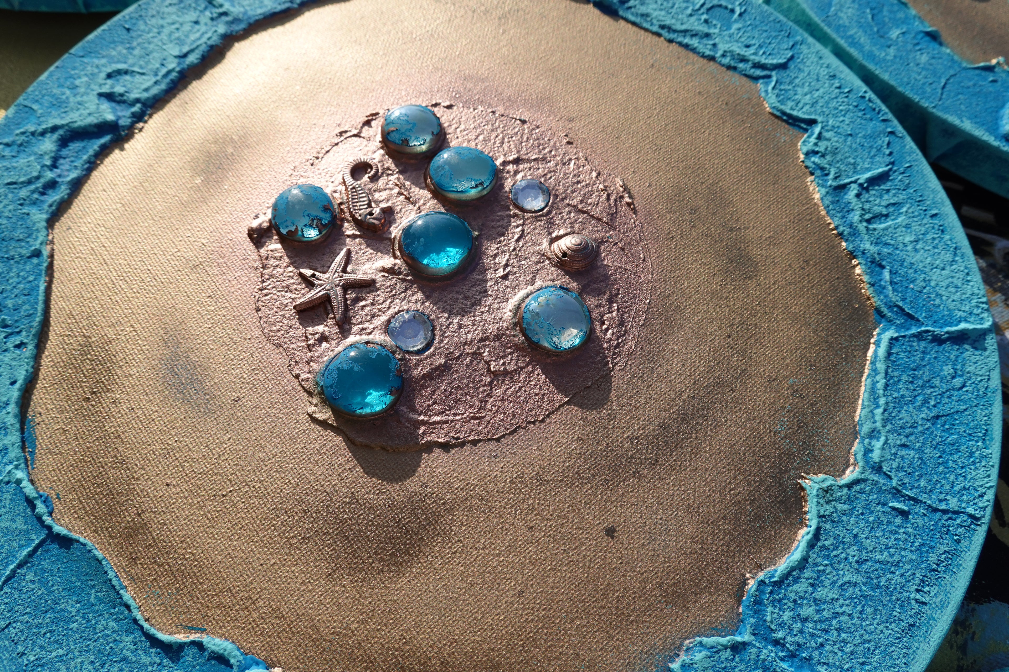 Gold Blue Abstract Painting A290 - Set of 9 Original Textured round Paintings by Ksavera