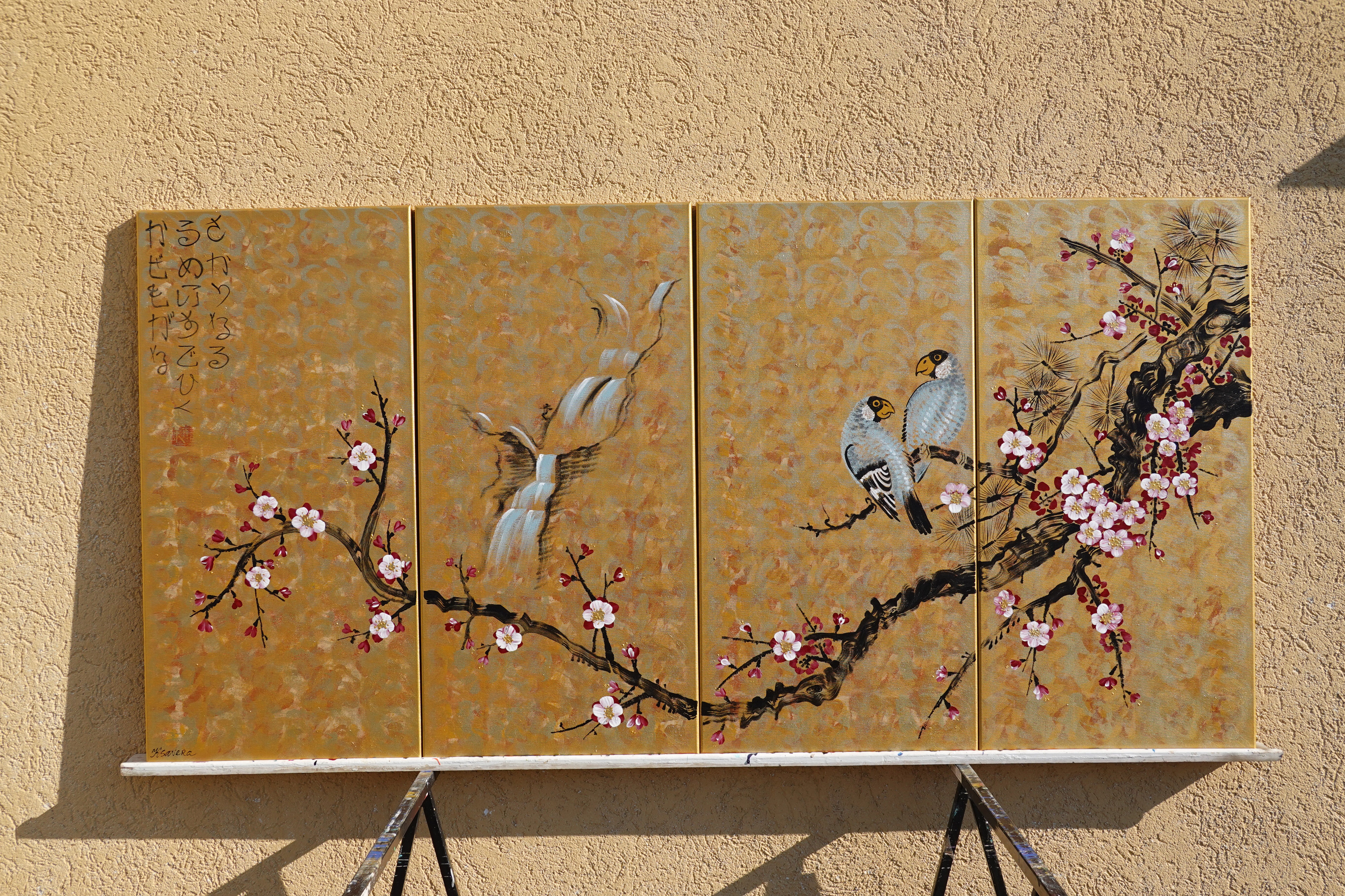 Sakura and love birds J357 - japanese silver teal triptych - large