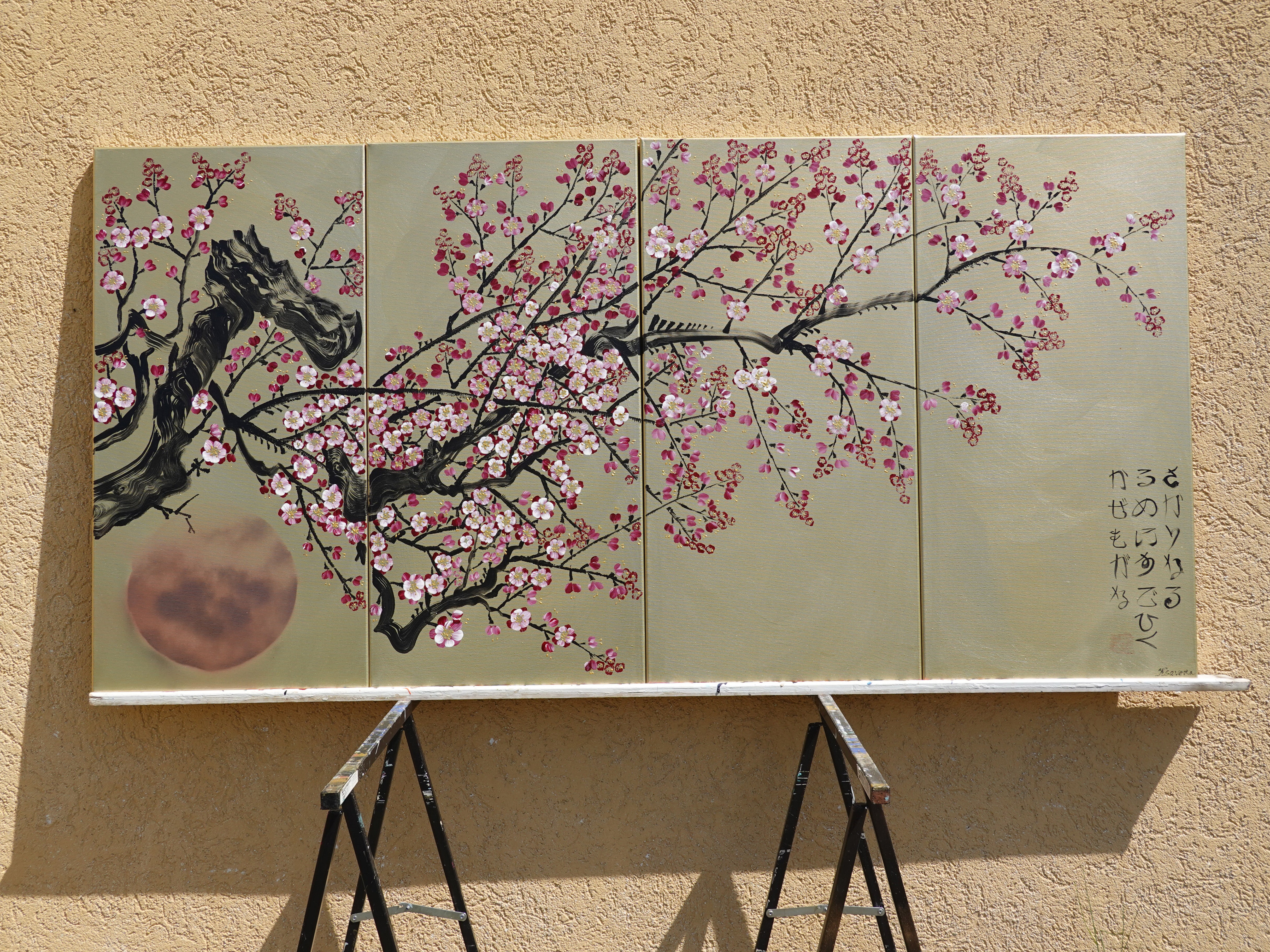 Japanese sakura J236 large gold triptych original paintings by