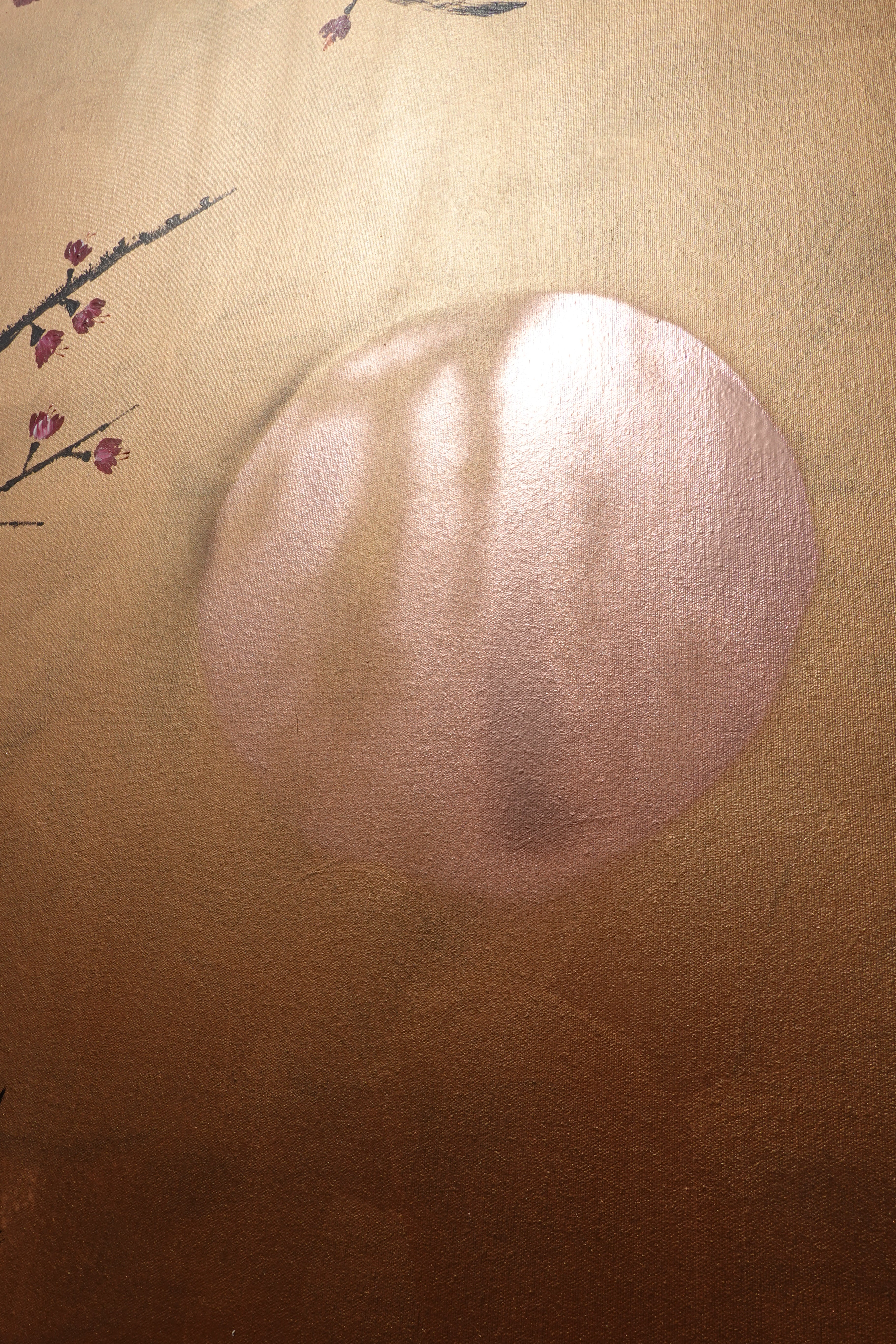 Oiseaux japonais et cerisiers en fleurs J419 - Œuvre murale originale moderne - Toile originale en bronze - Décoration intérieure contemporaine par Ksavera