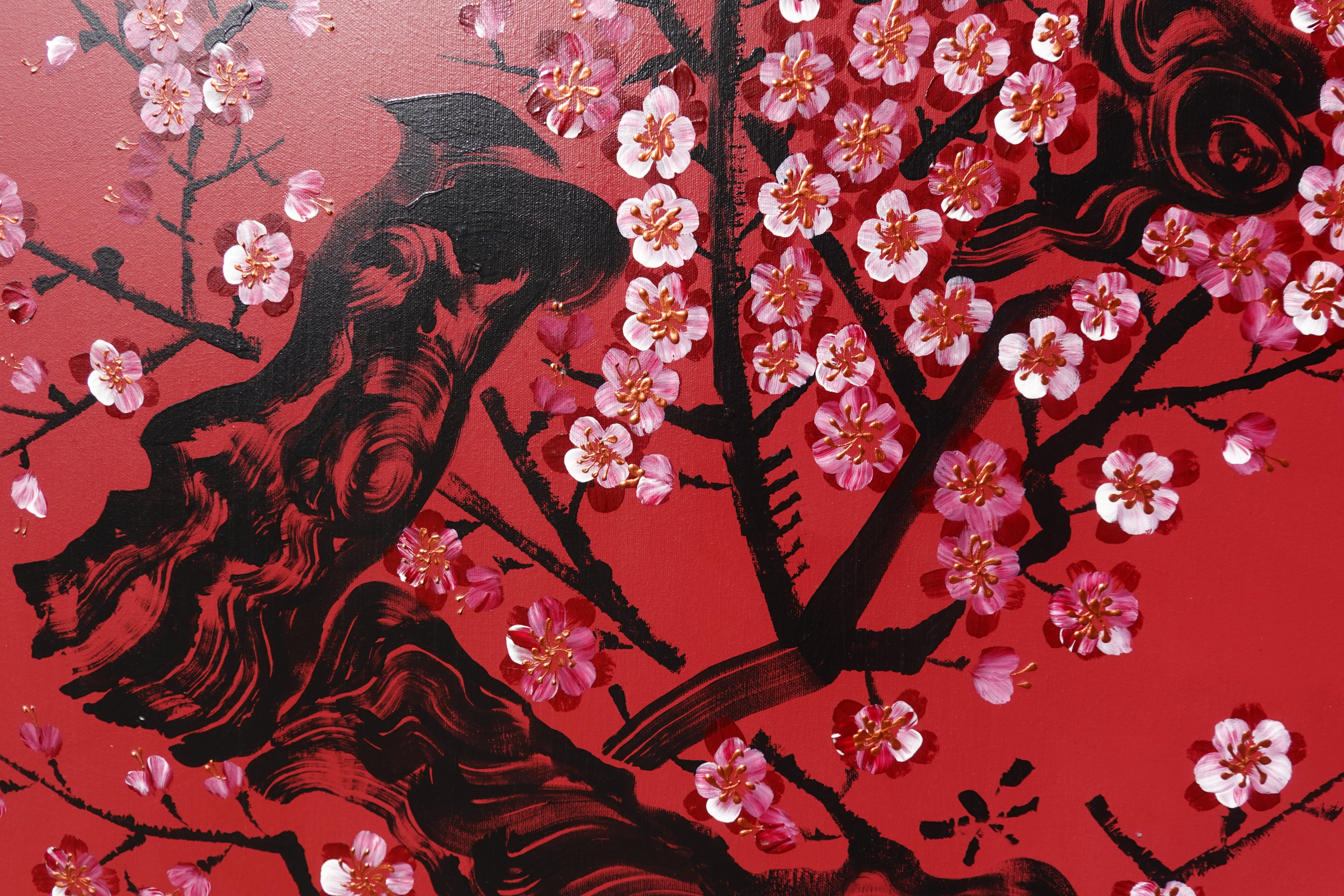 Japanese red sakura J422 is a large Japanese painting - Original Acrylic Painting on unstretched canvas by artist Ksavera.