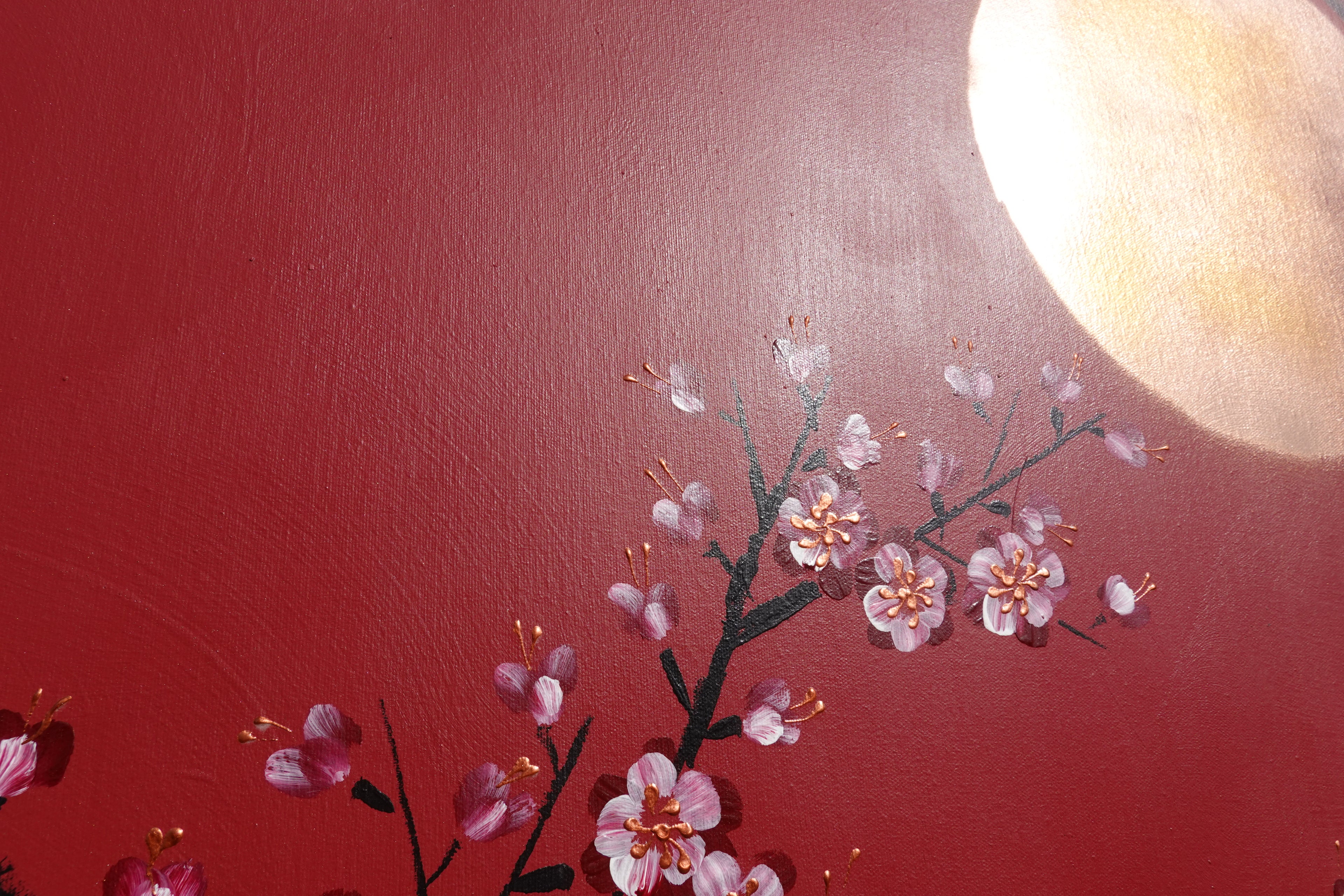 Japanese red sakura J422 is a large Japanese painting - Original Acrylic Painting on unstretched canvas by artist Ksavera.