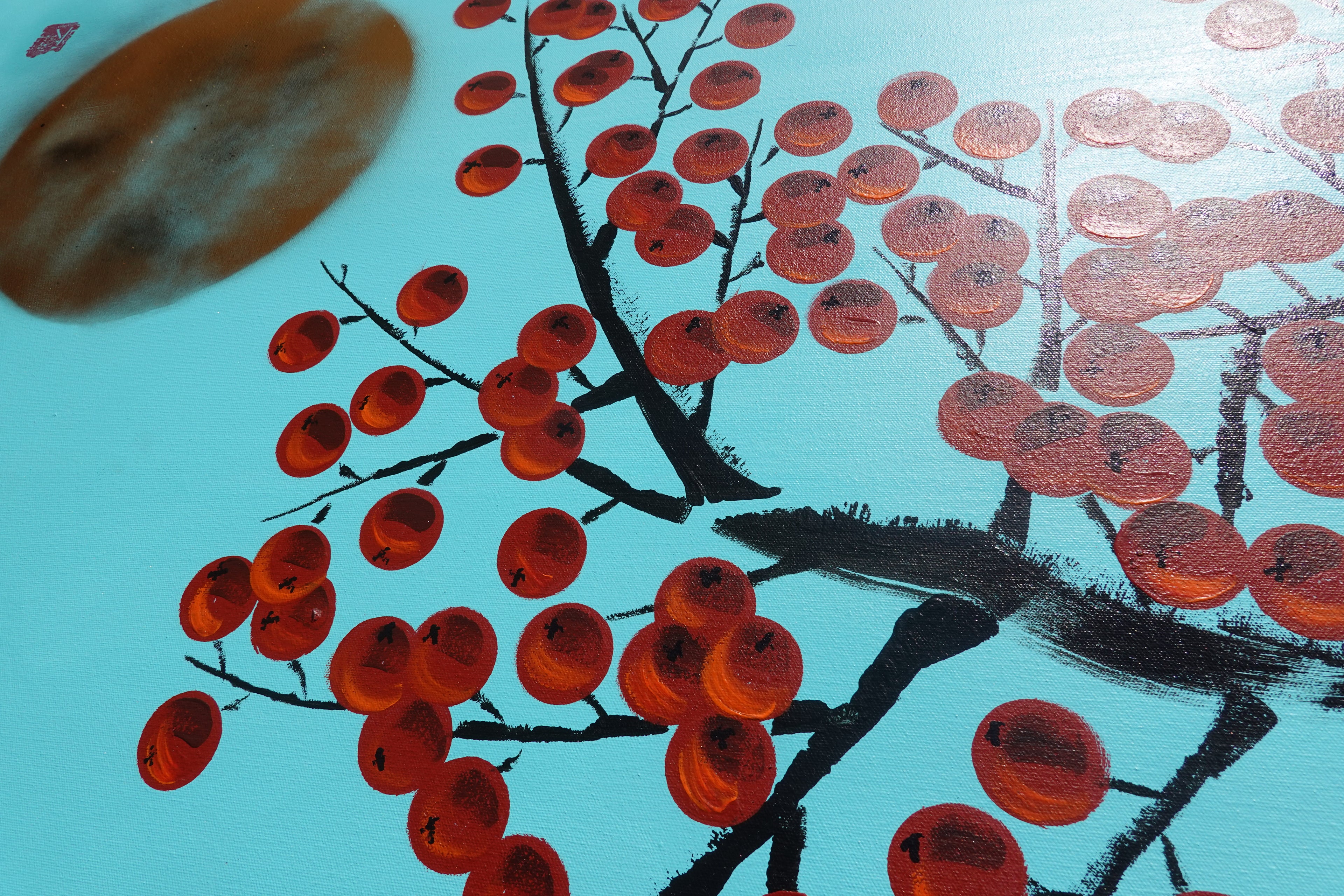 Le pommier rouge japonais J424 est une grande peinture acrylique originale turquoise de l'artiste Ksavera.