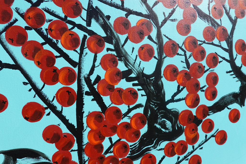 Le pommier rouge japonais J424 est une grande peinture acrylique originale turquoise de l'artiste Ksavera.