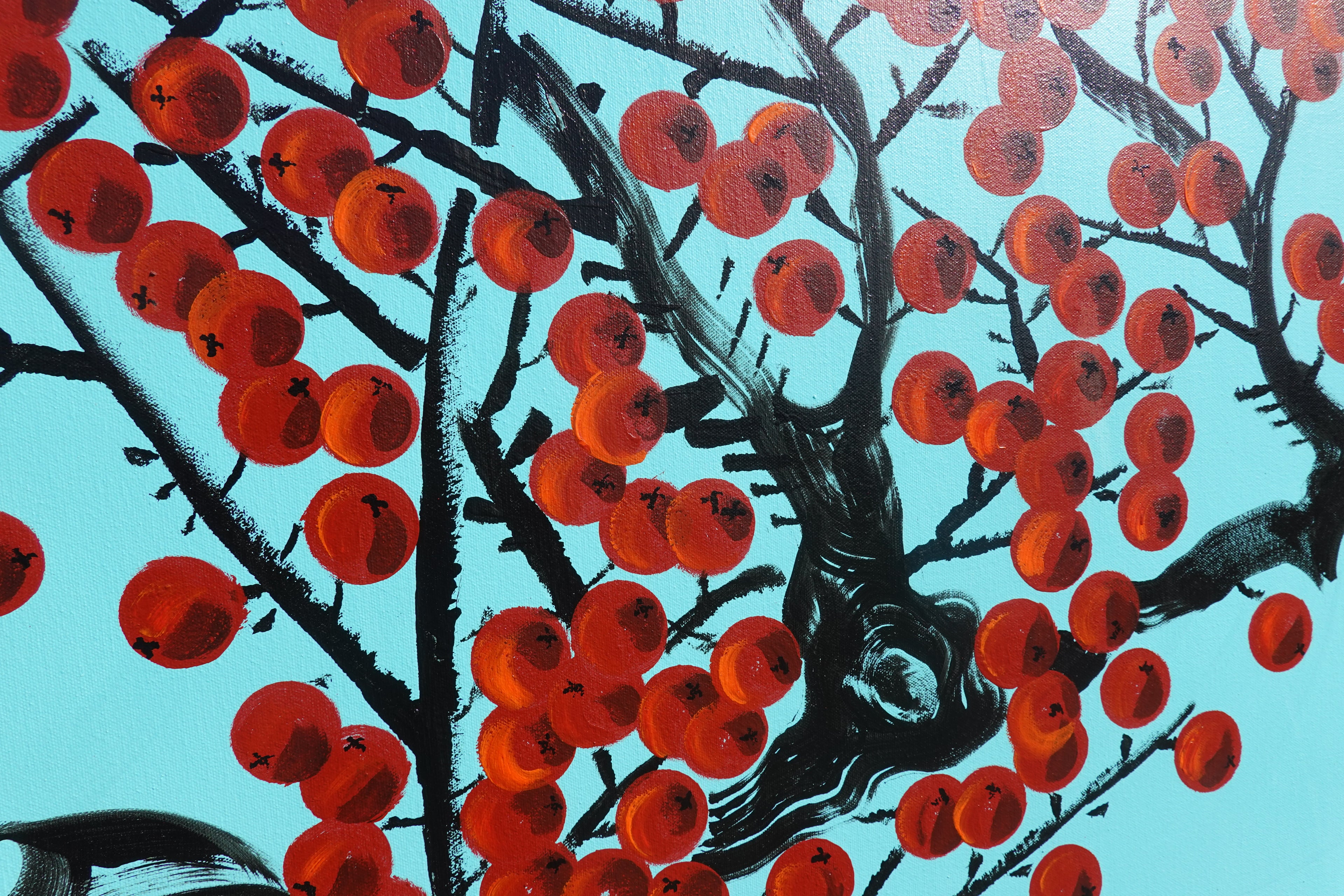 Le pommier rouge japonais J424 est une grande peinture acrylique originale turquoise de l'artiste Ksavera.