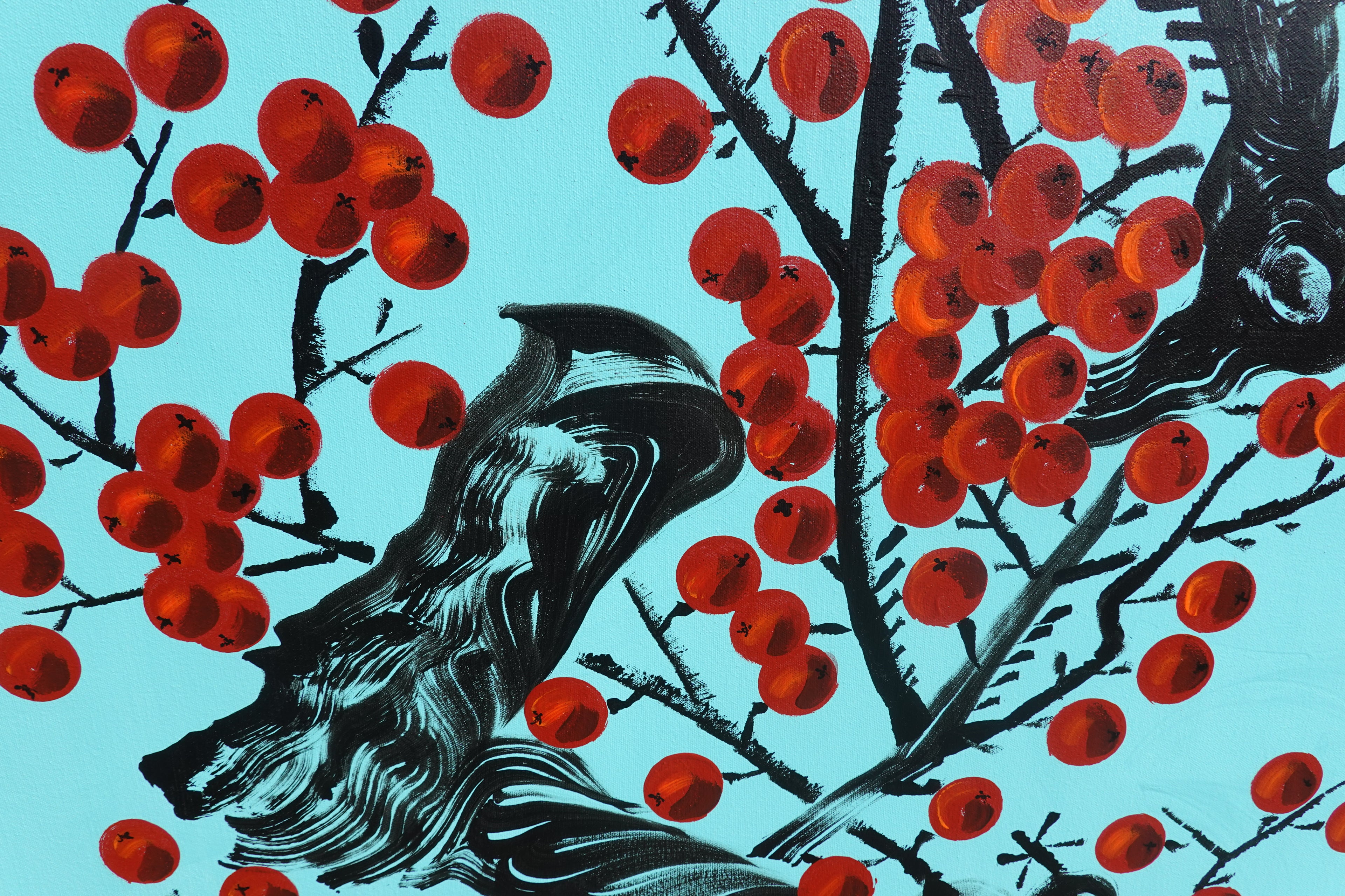 Le pommier rouge japonais J424 est une grande peinture acrylique originale turquoise de l'artiste Ksavera.