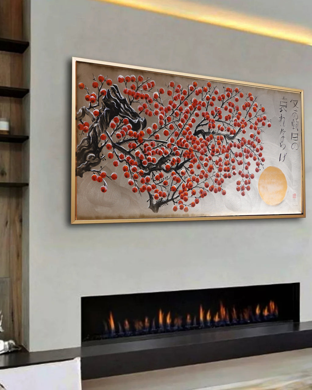 Red apple tree in snow J426 is a large Japanese silver gold Original Acrylic Painting on unstretched canvas by artist Ksavera.