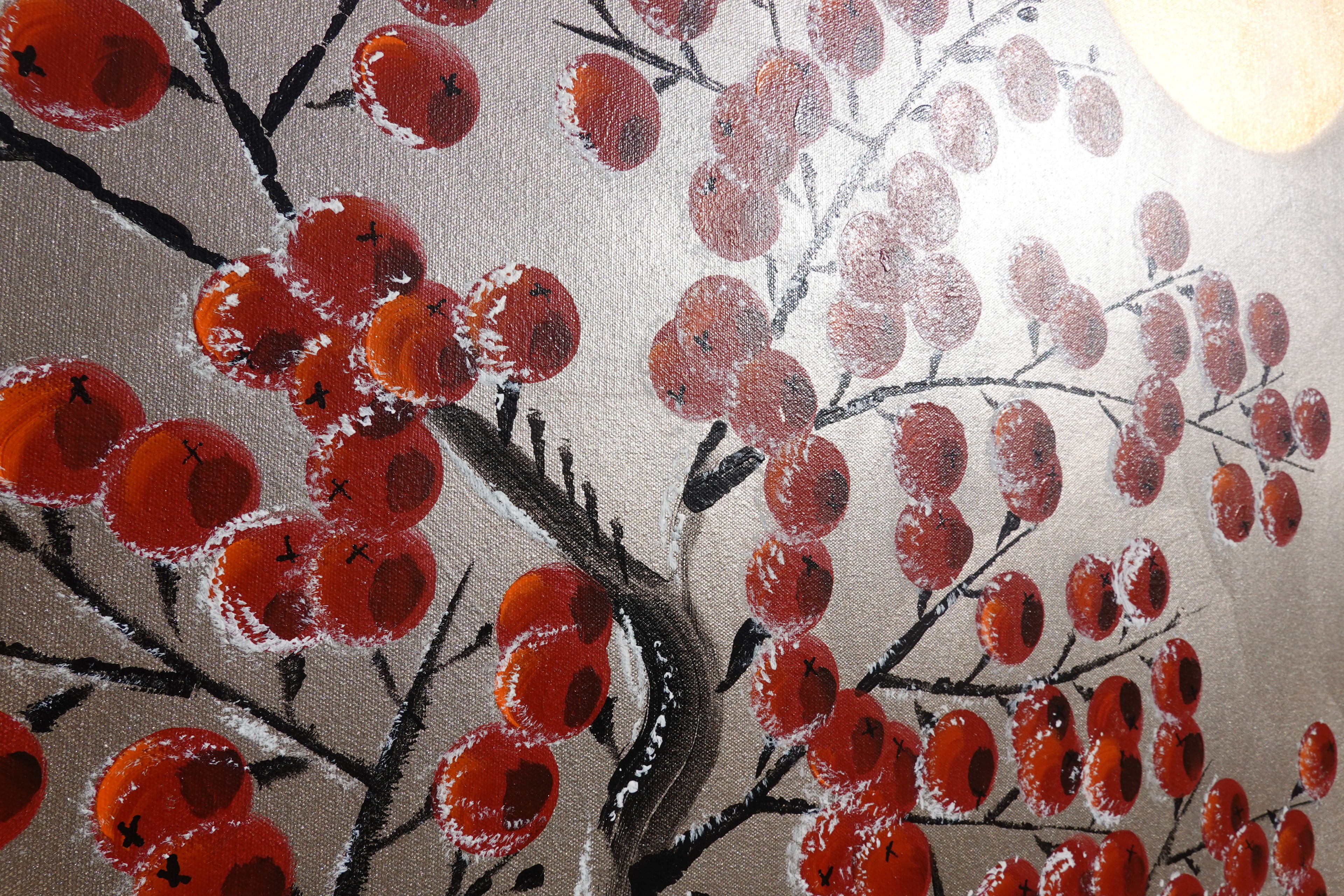 Red apple tree in snow J426 is a large Japanese silver gold Original Acrylic Painting on unstretched canvas by artist Ksavera.