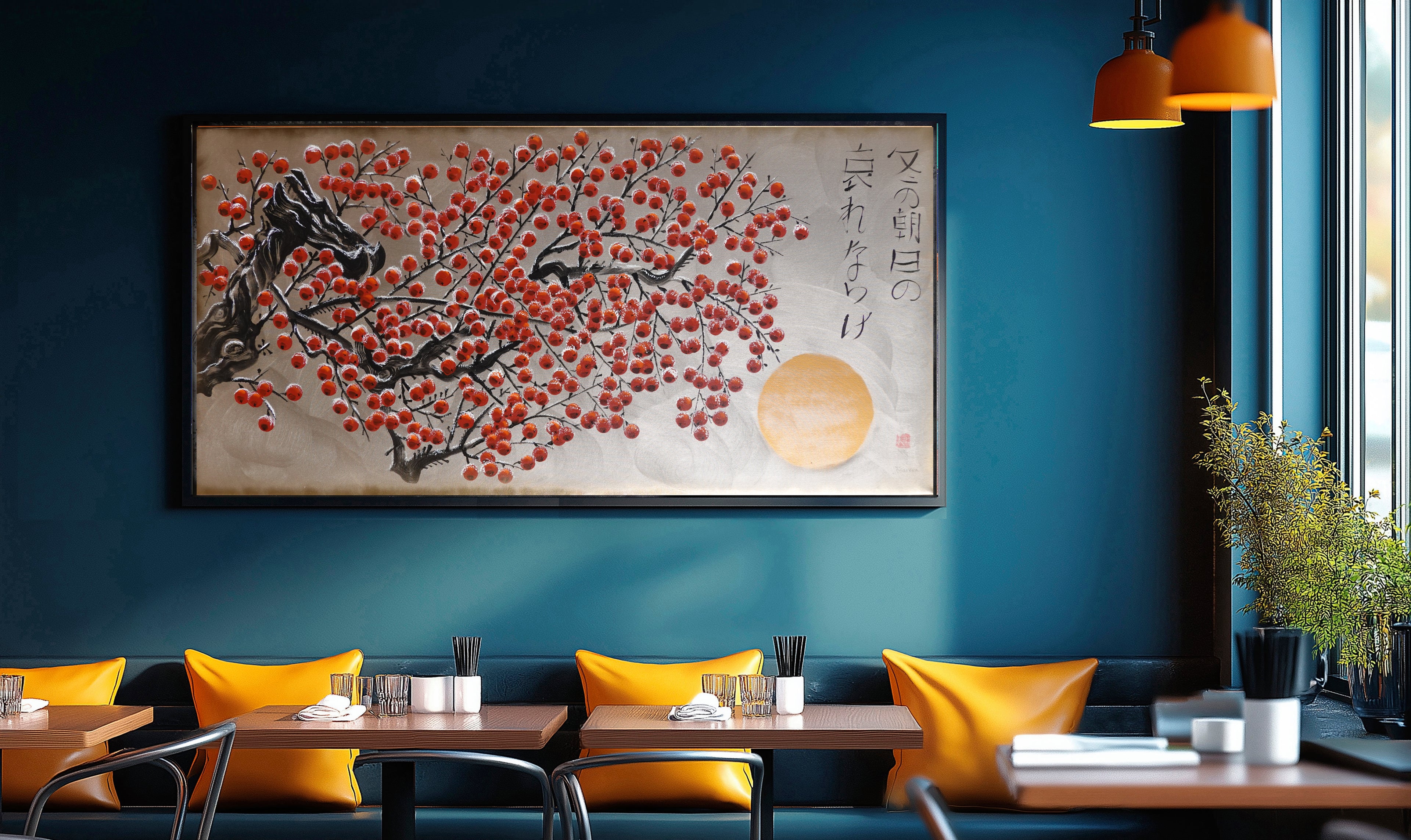 Red apple tree in snow J426 is a large Japanese silver gold Original Acrylic Painting on unstretched canvas by artist Ksavera.