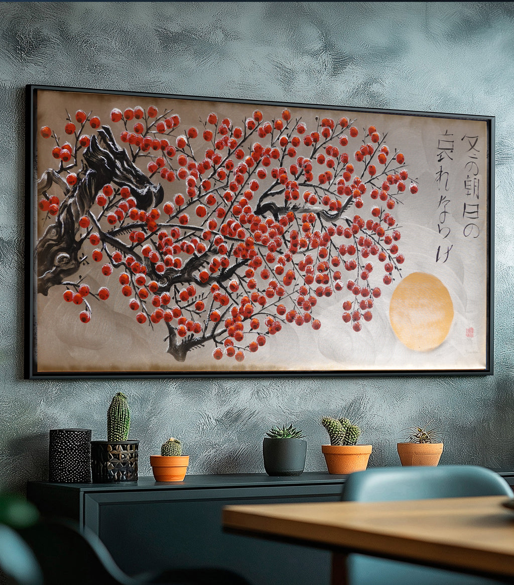 Red apple tree in snow J426 is a large Japanese silver gold Original Acrylic Painting on unstretched canvas by artist Ksavera.