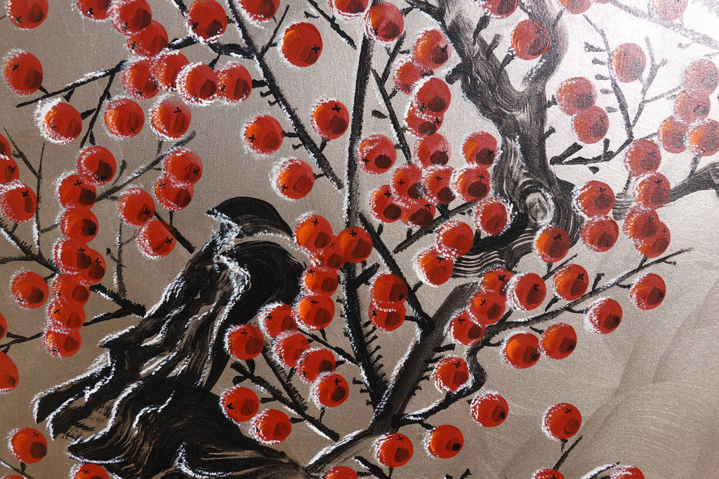Red apple tree in snow J426 is a large Japanese silver gold Original Acrylic Painting on unstretched canvas by artist Ksavera.