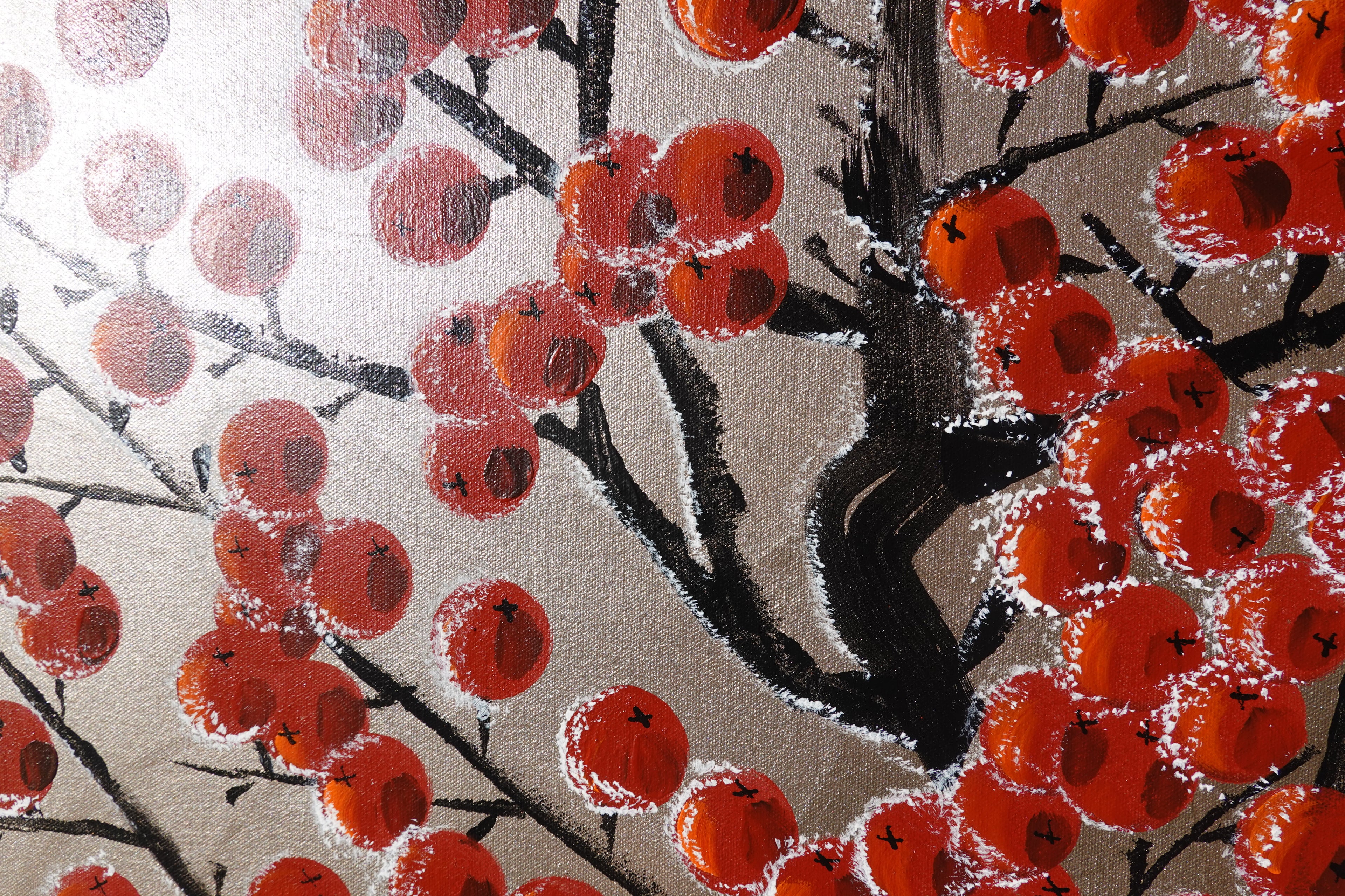 Red apple tree in snow J426 is a large Japanese silver gold Original Acrylic Painting on unstretched canvas by artist Ksavera.