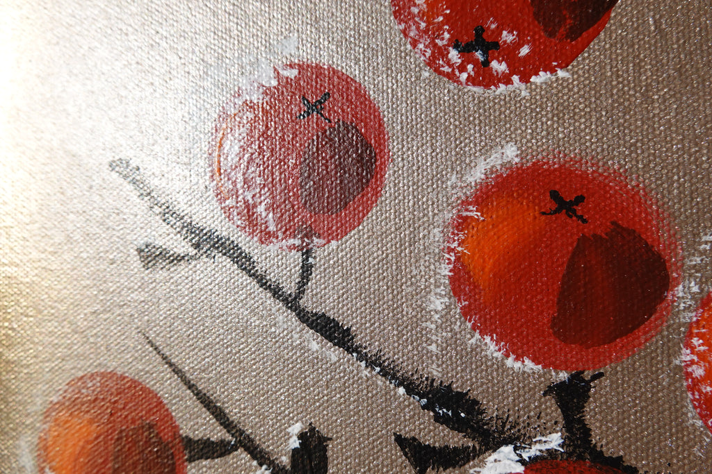 Red apple tree in snow J426 is a large Japanese silver gold Original Acrylic Painting on unstretched canvas by artist Ksavera.