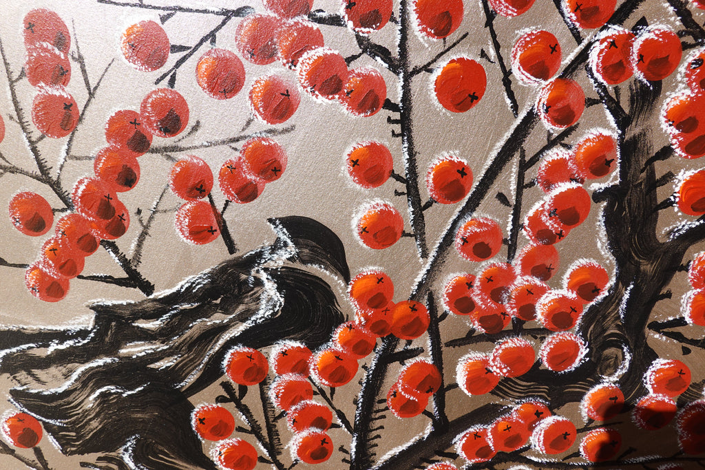 Red apple tree in snow J426 is a large Japanese silver gold Original Acrylic Painting on unstretched canvas by artist Ksavera.