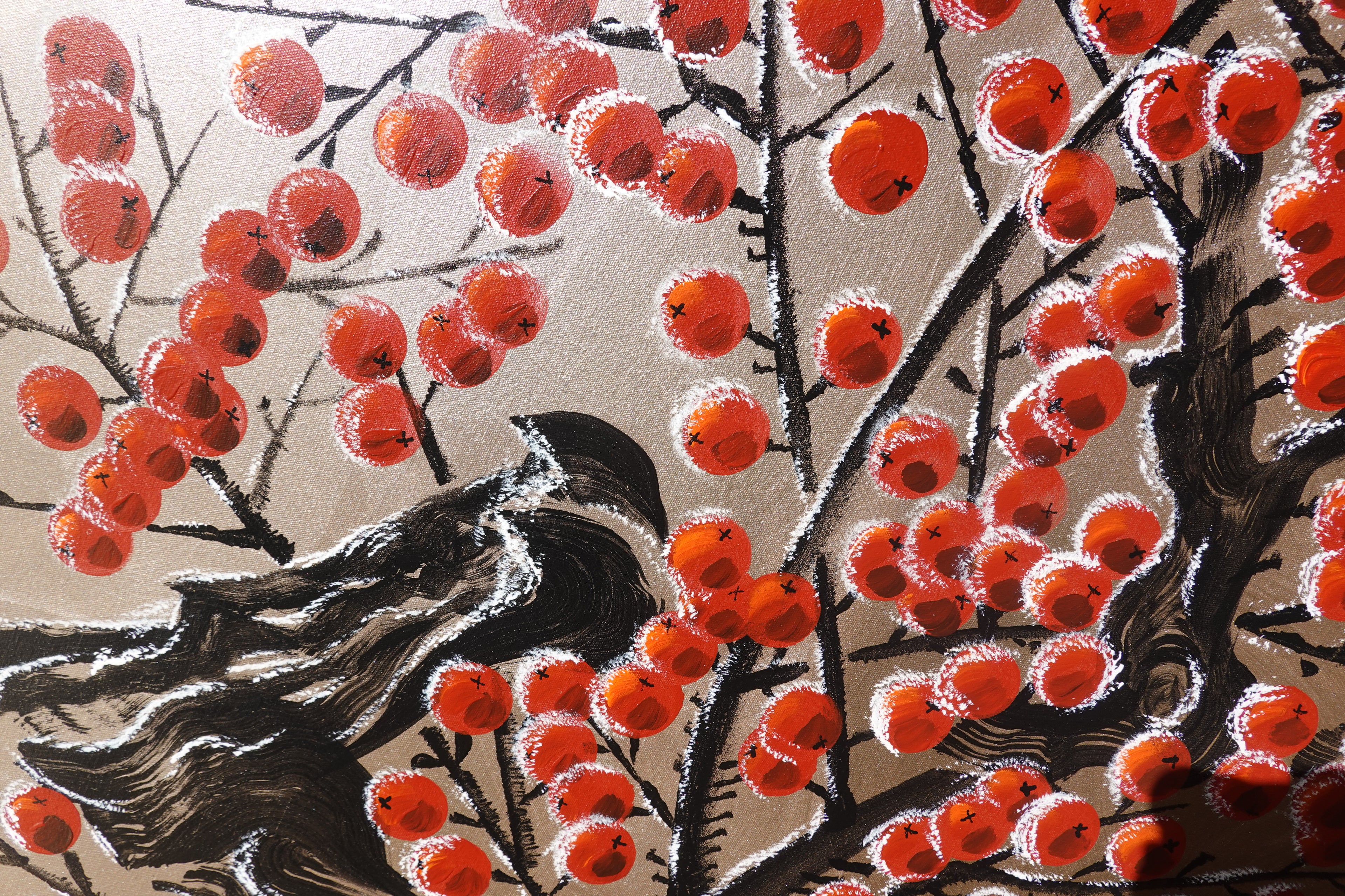 Red apple tree in snow J426 is a large Japanese silver gold Original Acrylic Painting on unstretched canvas by artist Ksavera.