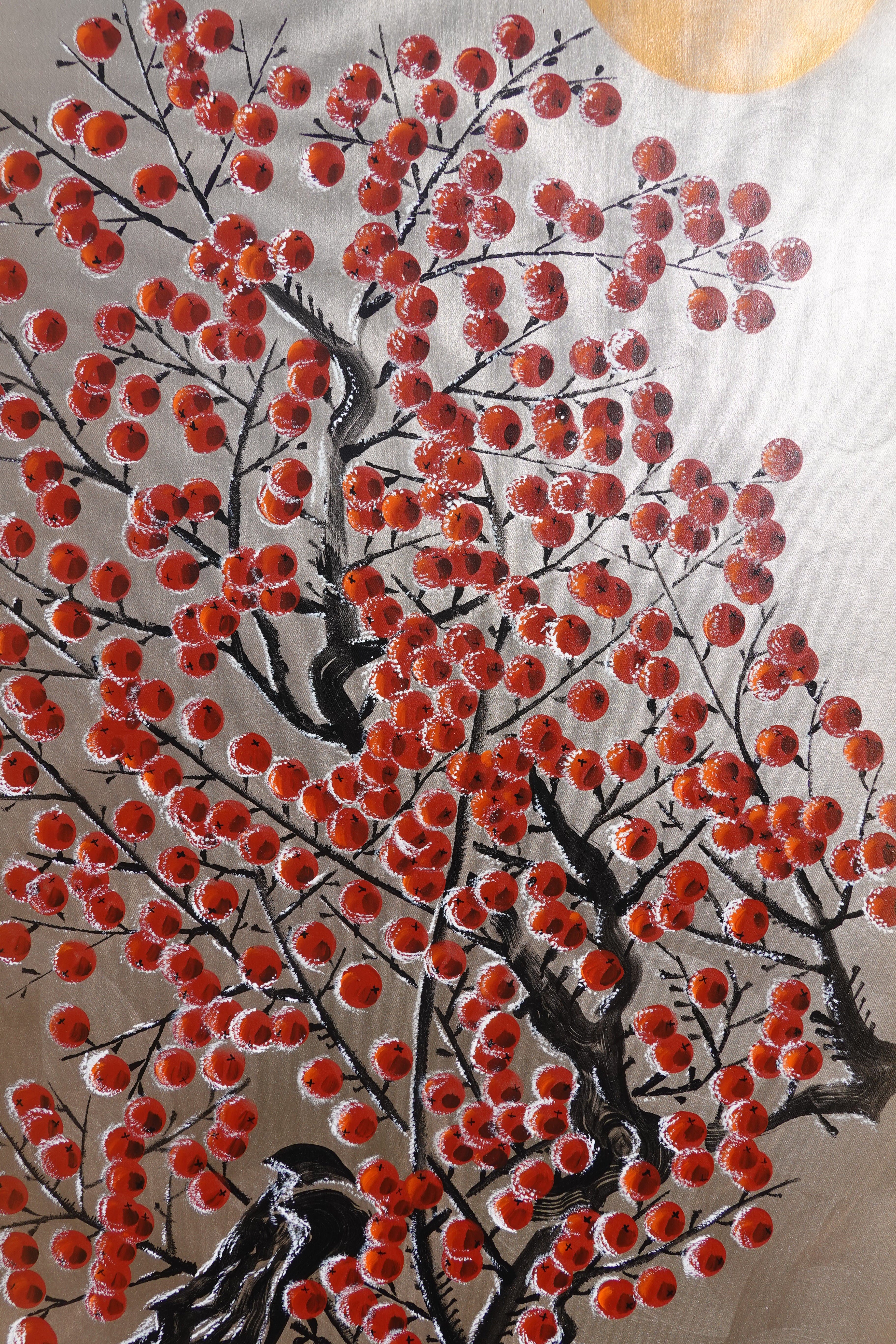 Red apple tree in snow J426 is a large Japanese silver gold Original Acrylic Painting on unstretched canvas by artist Ksavera.