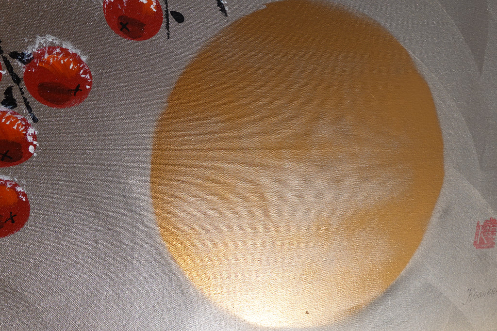 Red apple tree in snow J426 is a large Japanese silver gold Original Acrylic Painting on unstretched canvas by artist Ksavera.