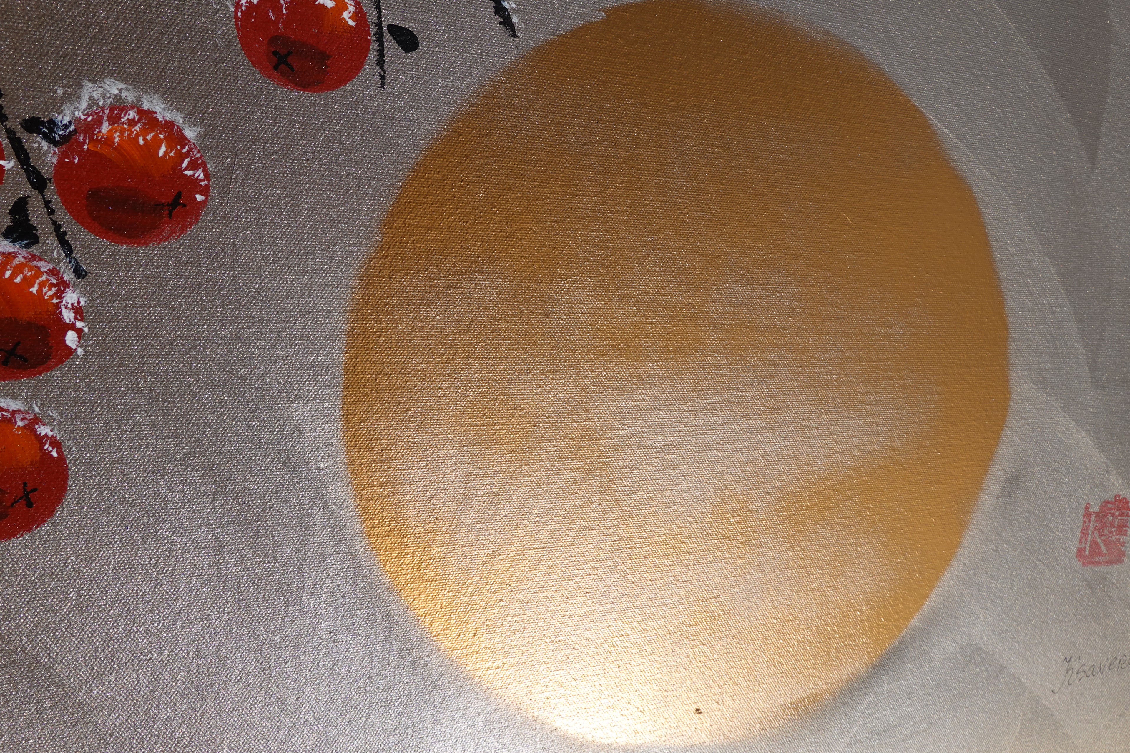 Red apple tree in snow J426 is a large Japanese silver gold Original Acrylic Painting on unstretched canvas by artist Ksavera.