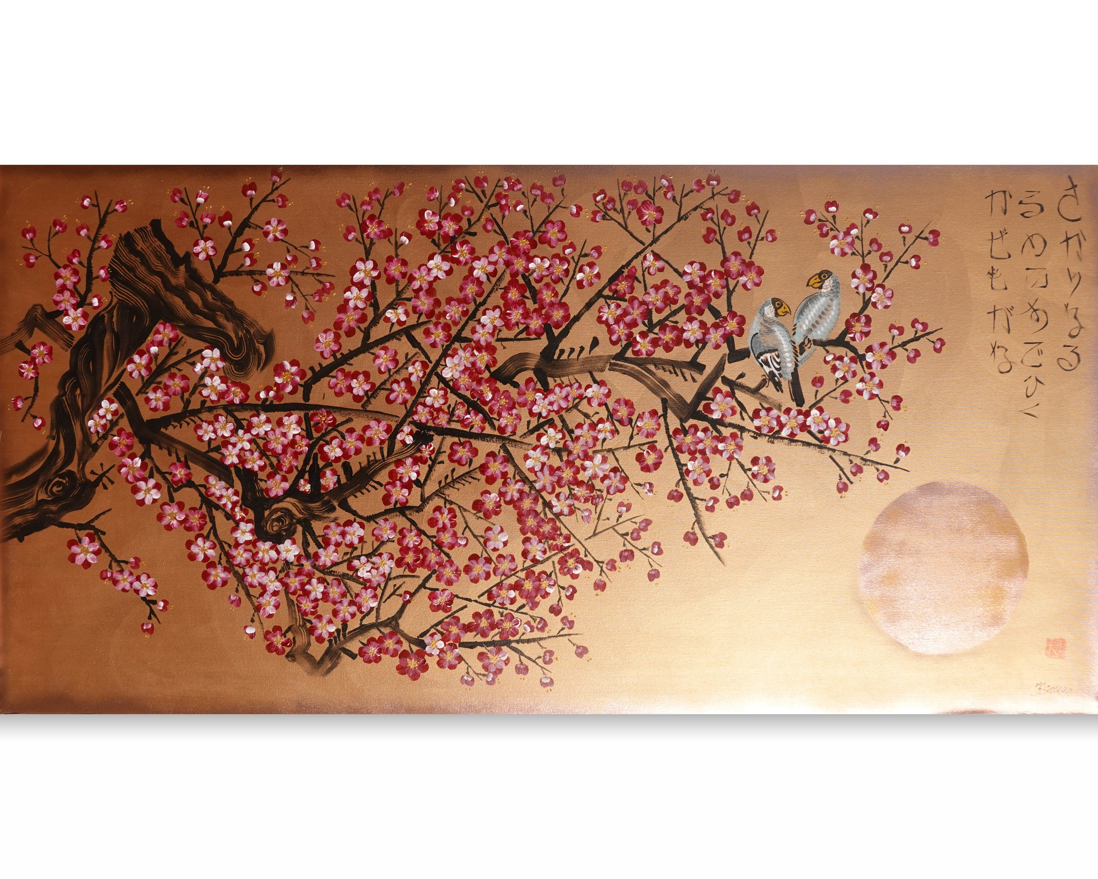 Love Birds and Sakura J430 is a large Japanese bronze Original Acrylic Painting on unstretched canvas by artist Ksavera.