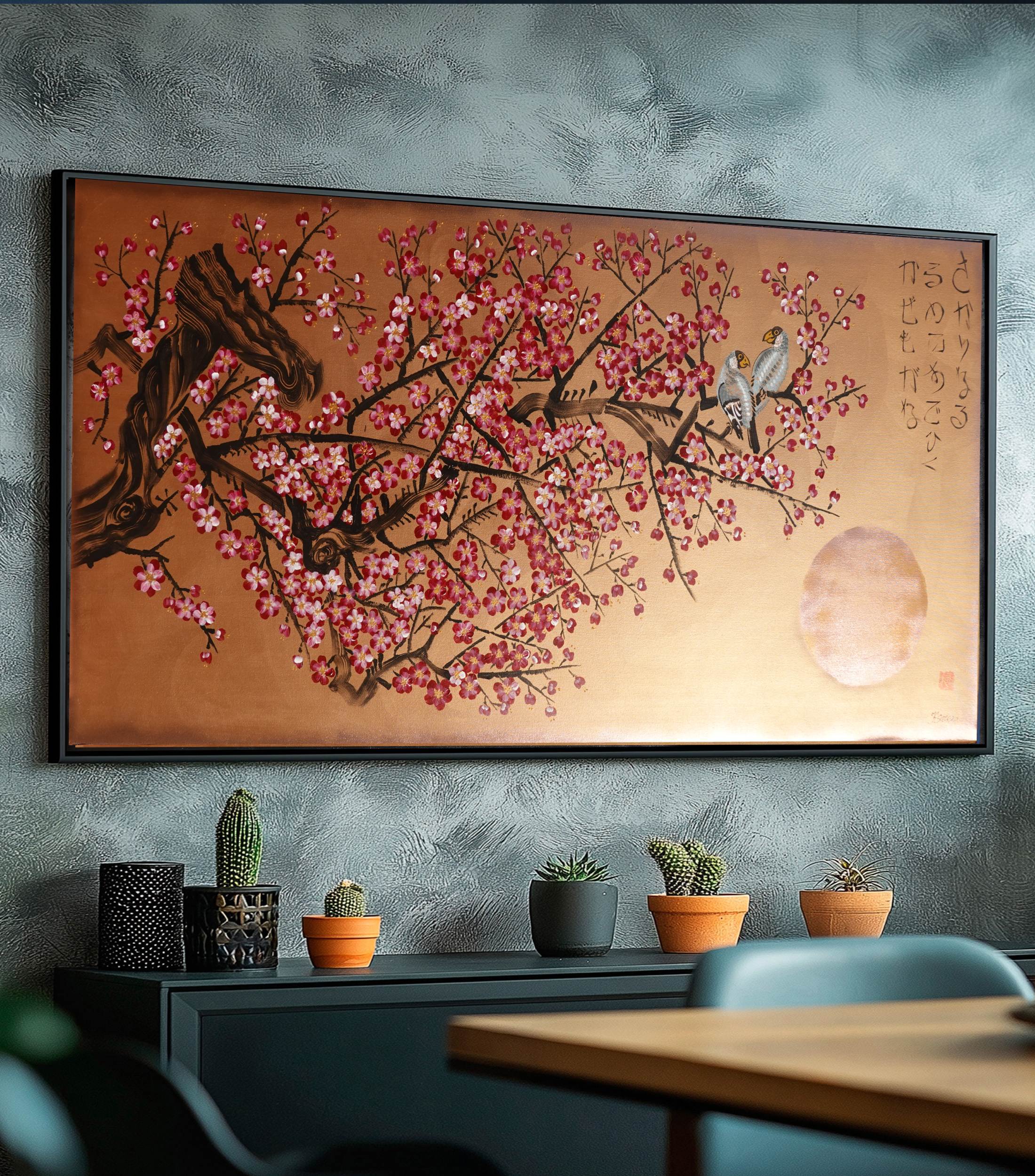 Love Birds and Sakura J430 is a large Japanese bronze Original Acrylic Painting on unstretched canvas by artist Ksavera.
