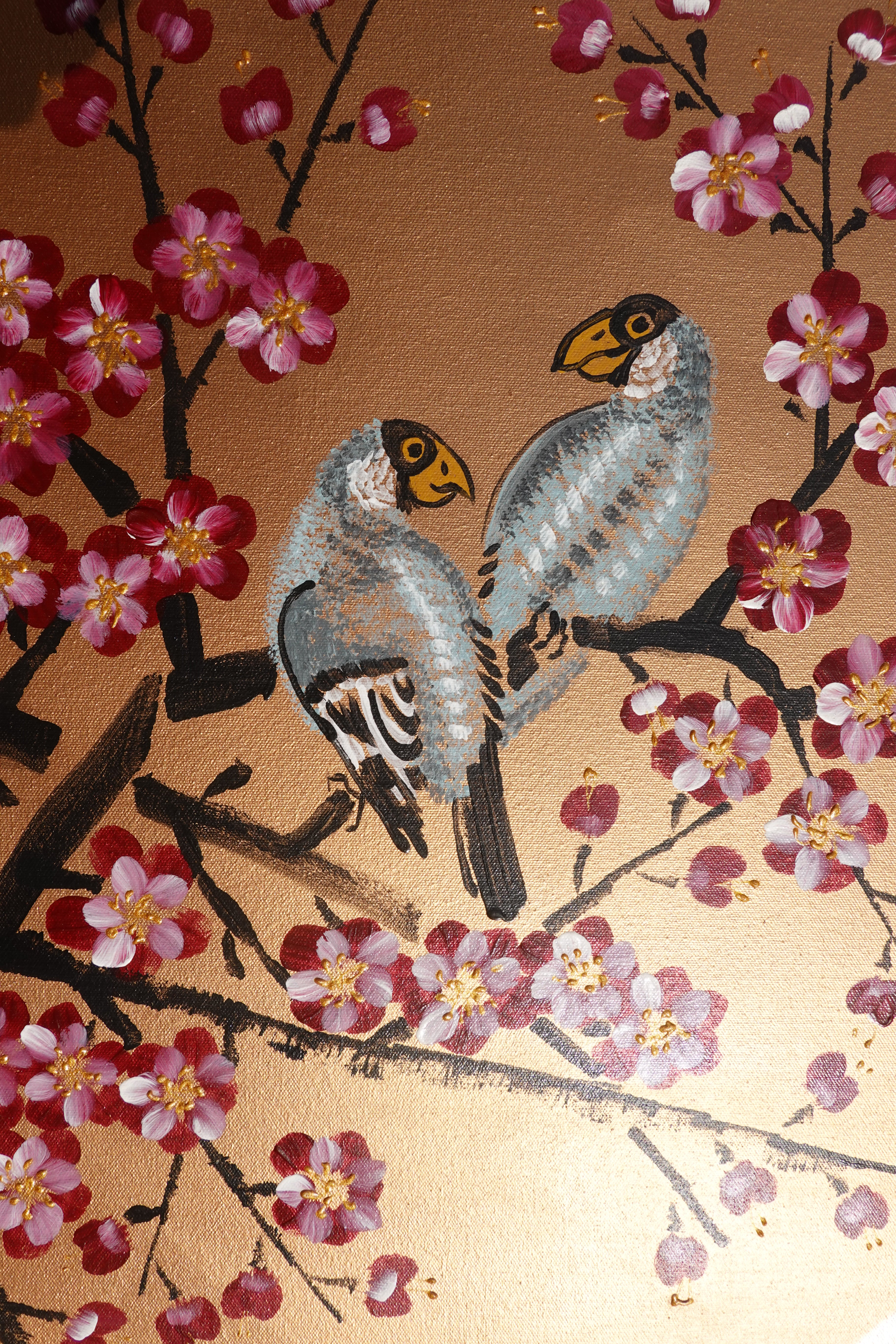 Love Birds and Sakura J430 is a large Japanese bronze Original Acrylic Painting on unstretched canvas by artist Ksavera.