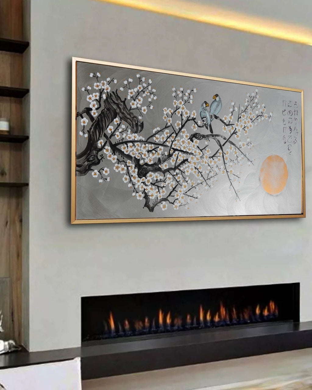 Love Birds and white Sakura J431 is a large-scale Japanese-inspired silver painting
Original Acrylic Painting on unstretched canvas by artist Ksavera.