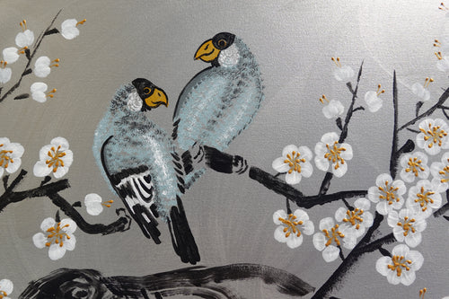 Love Birds and white Sakura J431 is a large-scale Japanese-inspired silver painting
Original Acrylic Painting on unstretched canvas by artist Ksavera.