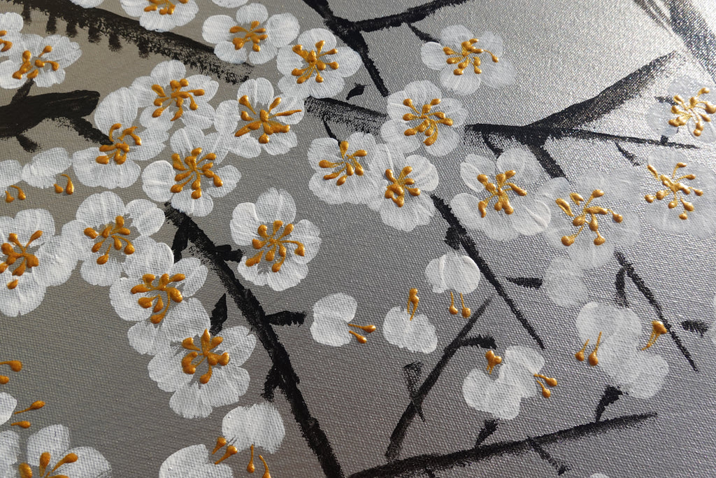 Love Birds and white Sakura J431 is a large-scale Japanese-inspired silver painting
Original Acrylic Painting on unstretched canvas by artist Ksavera.